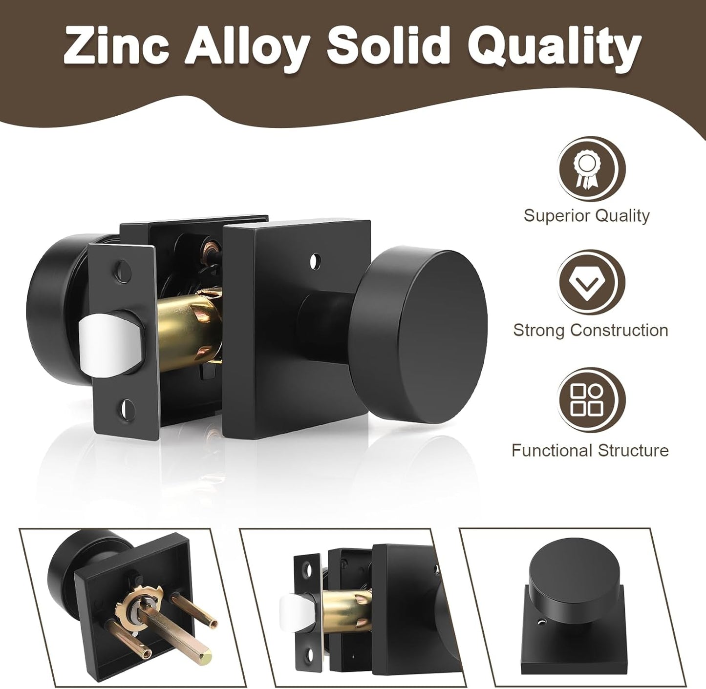 Black Privacy Door Knob for Bedroom & Bathroom, Keyless Lock for Interior Doors - Square Rose Design, 1 Pack