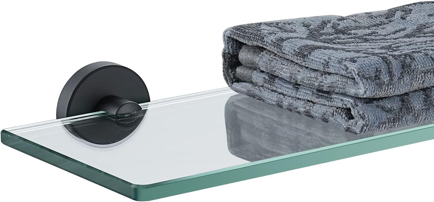 Black Tempered Glass Bathroom Shelf - 12x5 Inches, Wall Mounted Matte Black Stainless Steel Shower Storage Rack