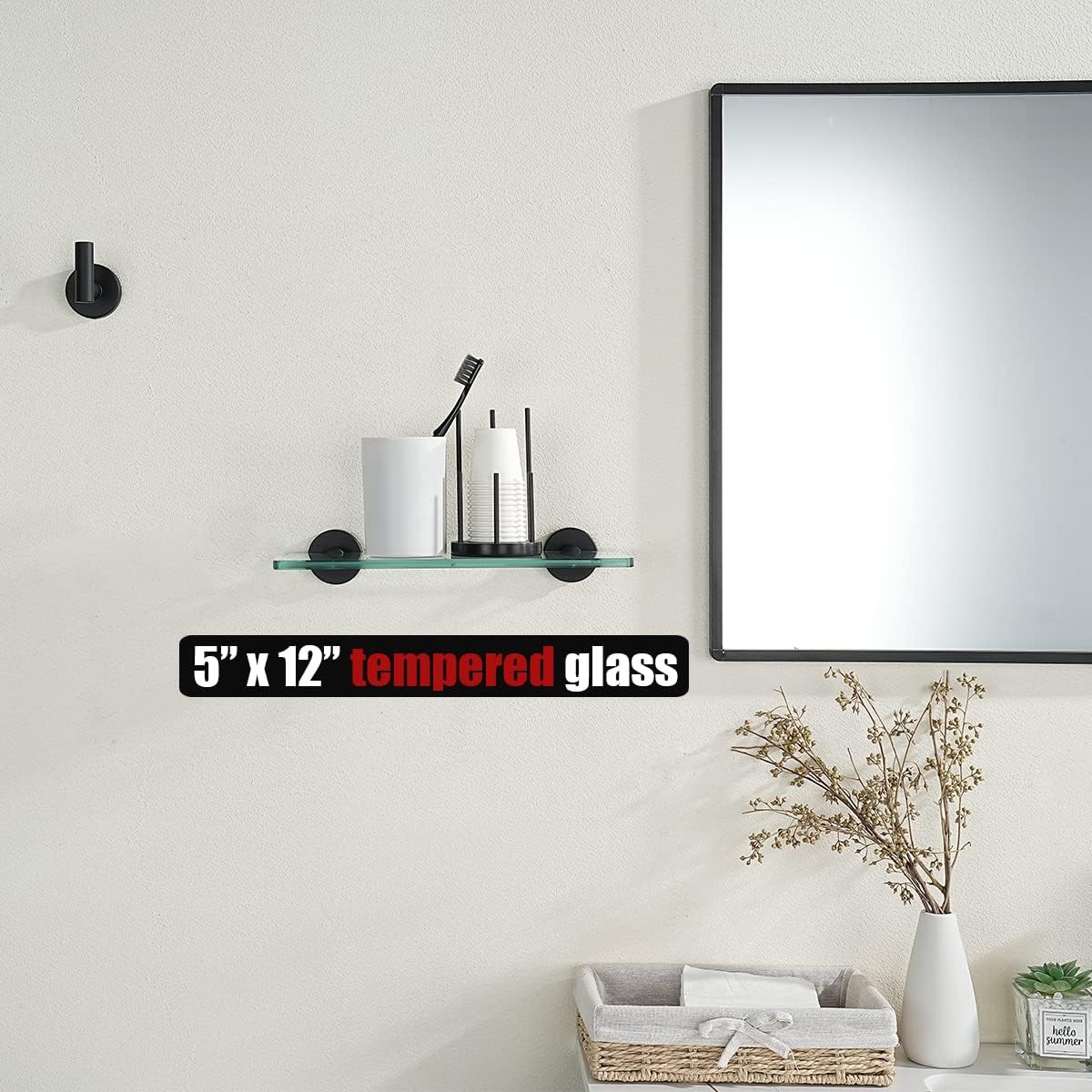Black Tempered Glass Bathroom Shelf - 12x5 Inches, Wall Mounted Matte Black Stainless Steel Shower Storage Rack