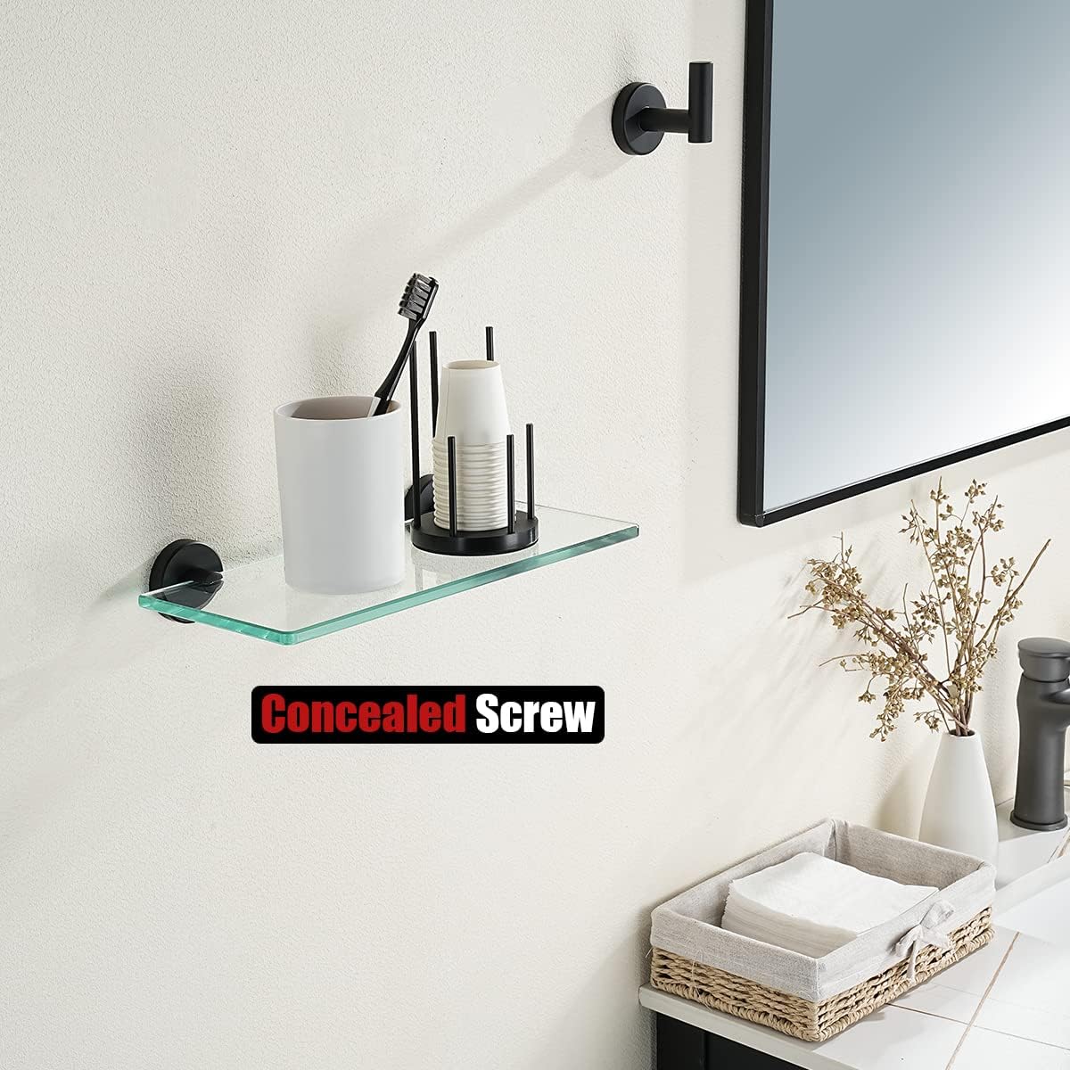Black Tempered Glass Bathroom Shelf - 12x5 Inches, Wall Mounted Matte Black Stainless Steel Shower Storage Rack
