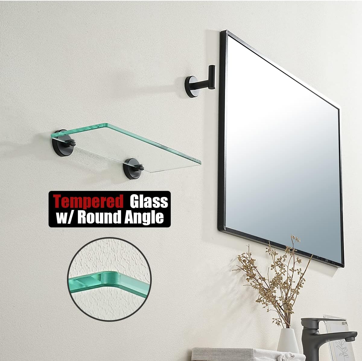Black Tempered Glass Bathroom Shelf - 12x5 Inches, Wall Mounted Matte Black Stainless Steel Shower Storage Rack