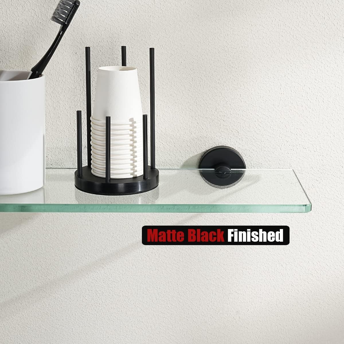 Black Tempered Glass Bathroom Shelf - 12x5 Inches, Wall Mounted Matte Black Stainless Steel Shower Storage Rack