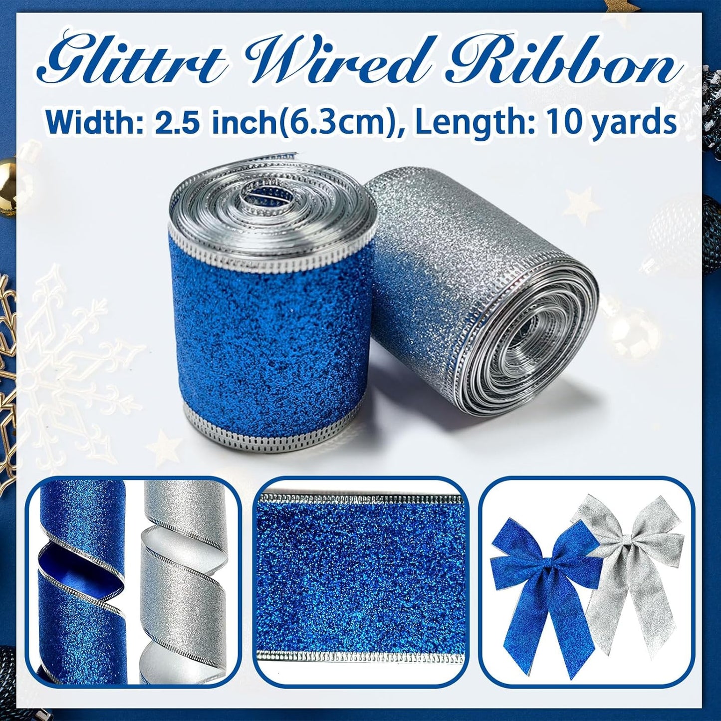 Blue and Silver Glitter Christmas Ribbon for Wreath Bows and Gifts - 2 Rolls x 10 Yards