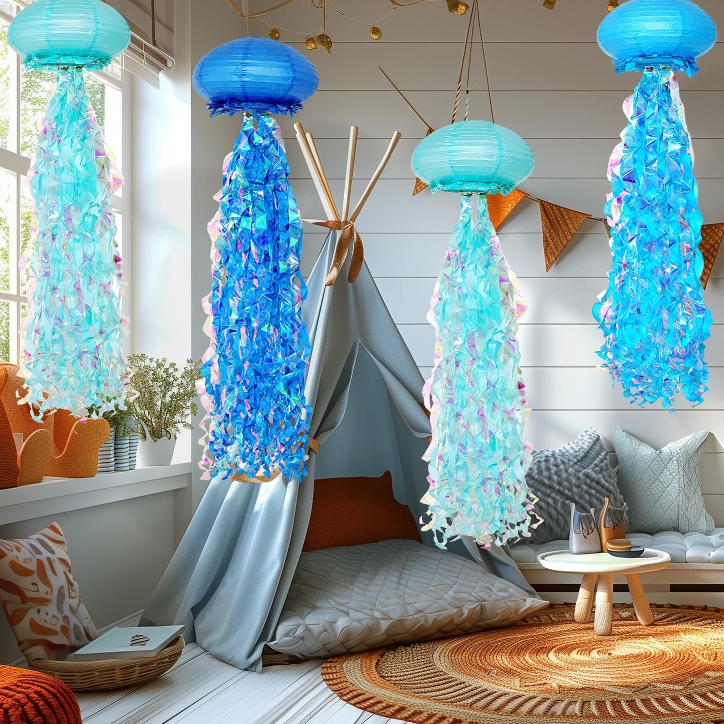 Blue Gradient Hanging Jellyfish Lanterns 6 Pack - Ocean-Themed Decor for Mermaid Birthday Party, Classroom, VBS, Baby Shower, Beach Theme