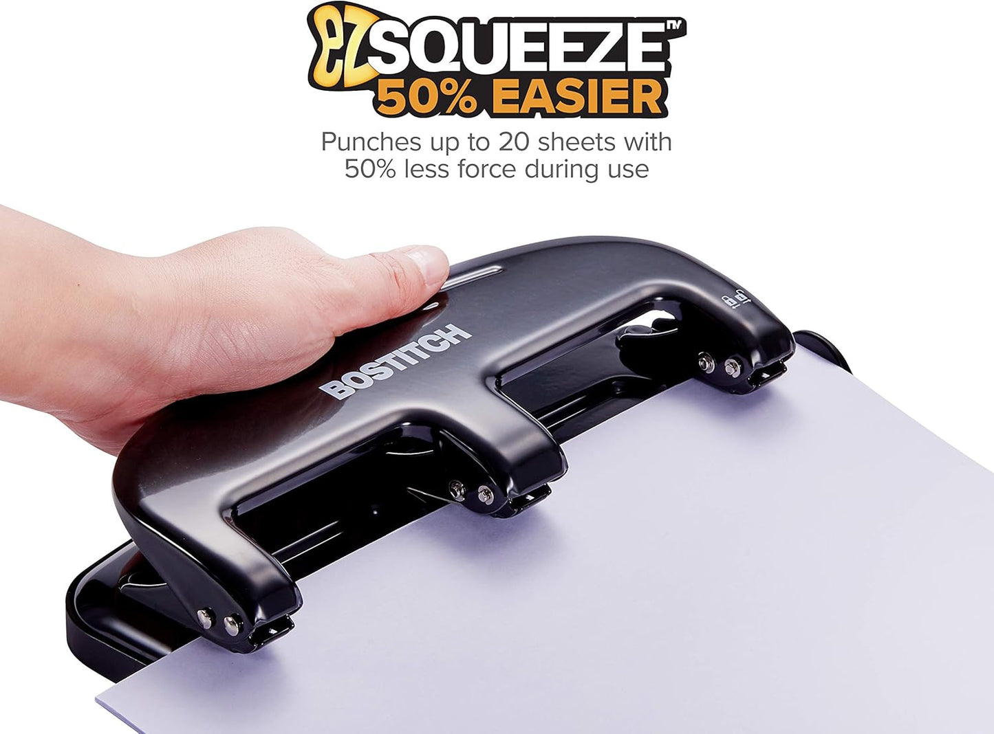 Bostitch Office EZ Squeeze 3-Hole Punch, 20 Sheet Capacity, Silver/Black