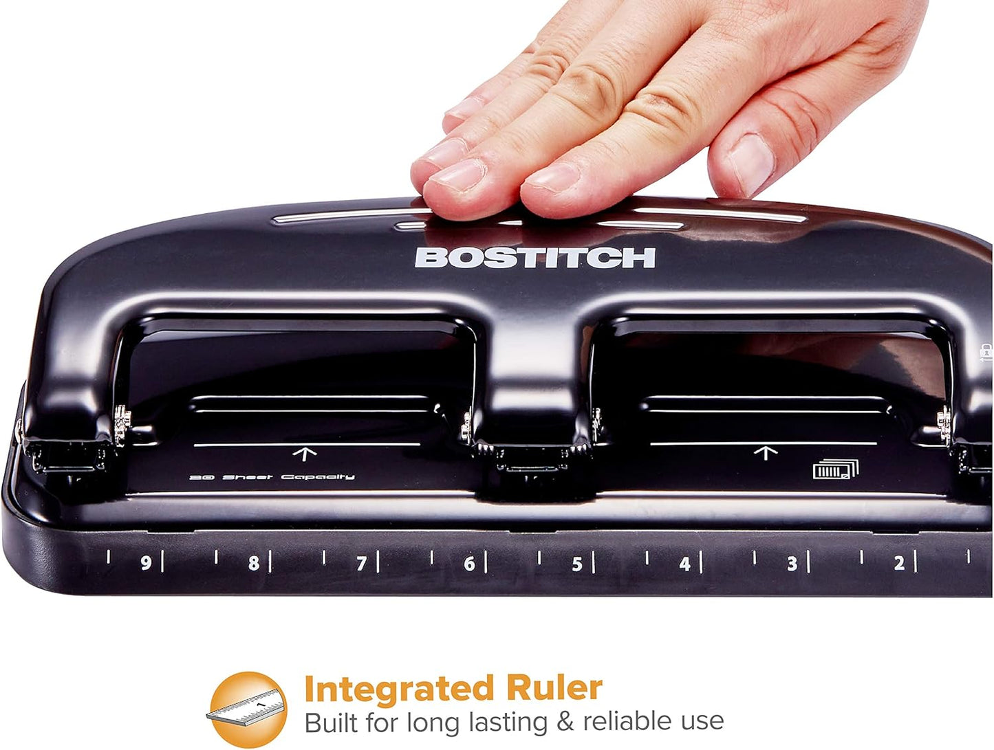 Bostitch Office EZ Squeeze 3-Hole Punch, 20 Sheet Capacity, Silver/Black