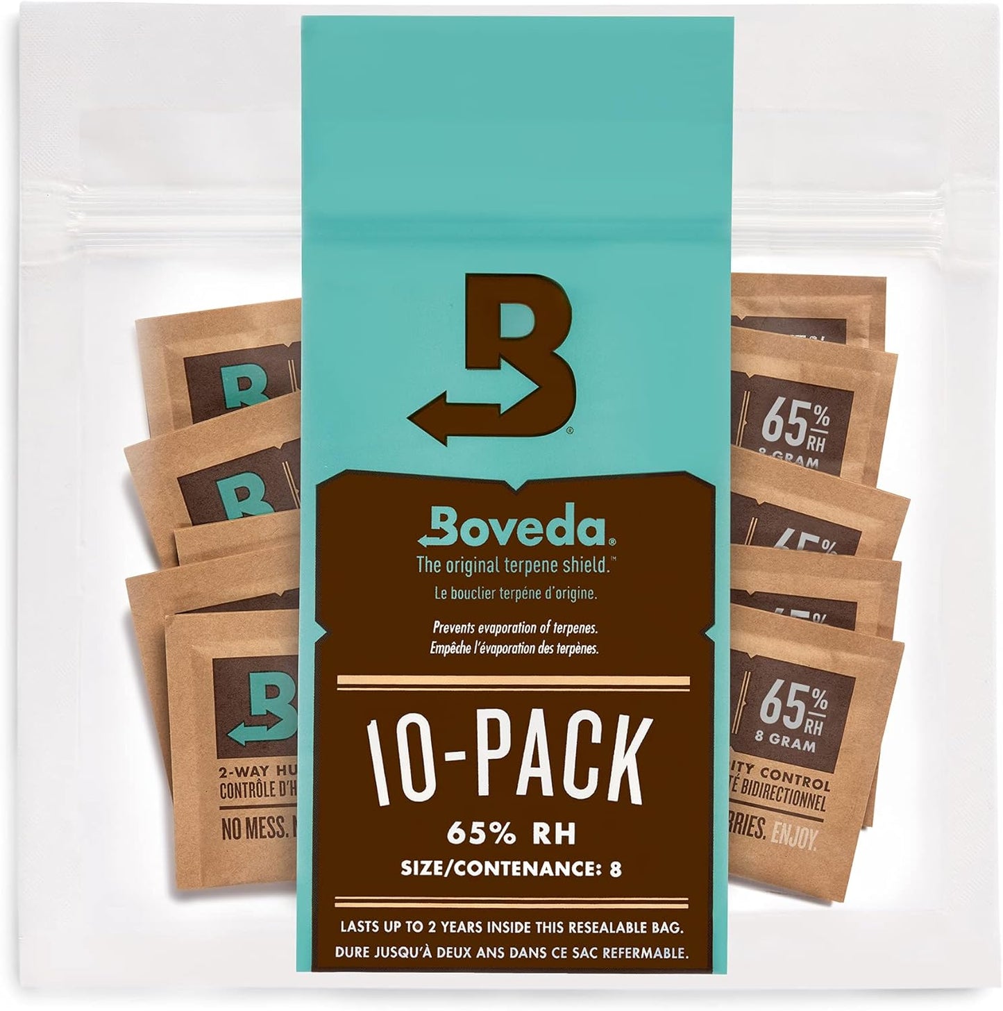 Boveda 65% Humidity Control Packs for Small Travel Boxes - Pack of 10 - Size 8 - Moisture Absorbers - Hydration Packets