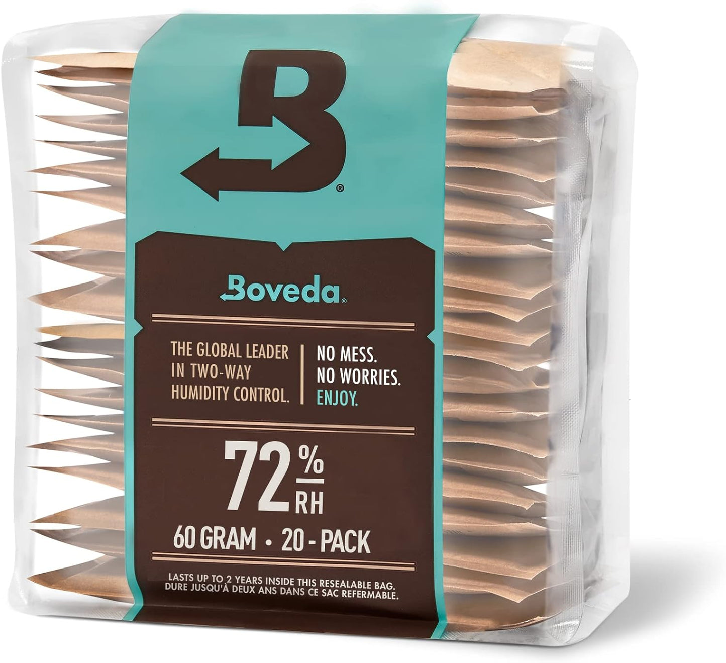 Boveda 72% Humidity Control Packs for Wood Humidors - Size 60, 20 Pack - Moisture Absorbers - Hydration Packets in Resealable Bag