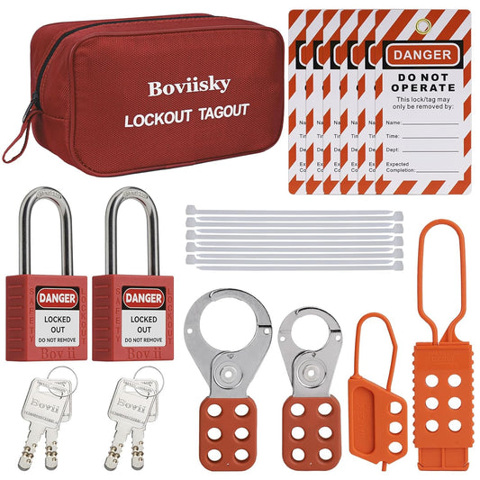 Boviisky Lockout Tagout Kit for Electrical Safety - Red Padlocks, Hasps, Tags, Bag - Keyed Different with 2 Keys Each