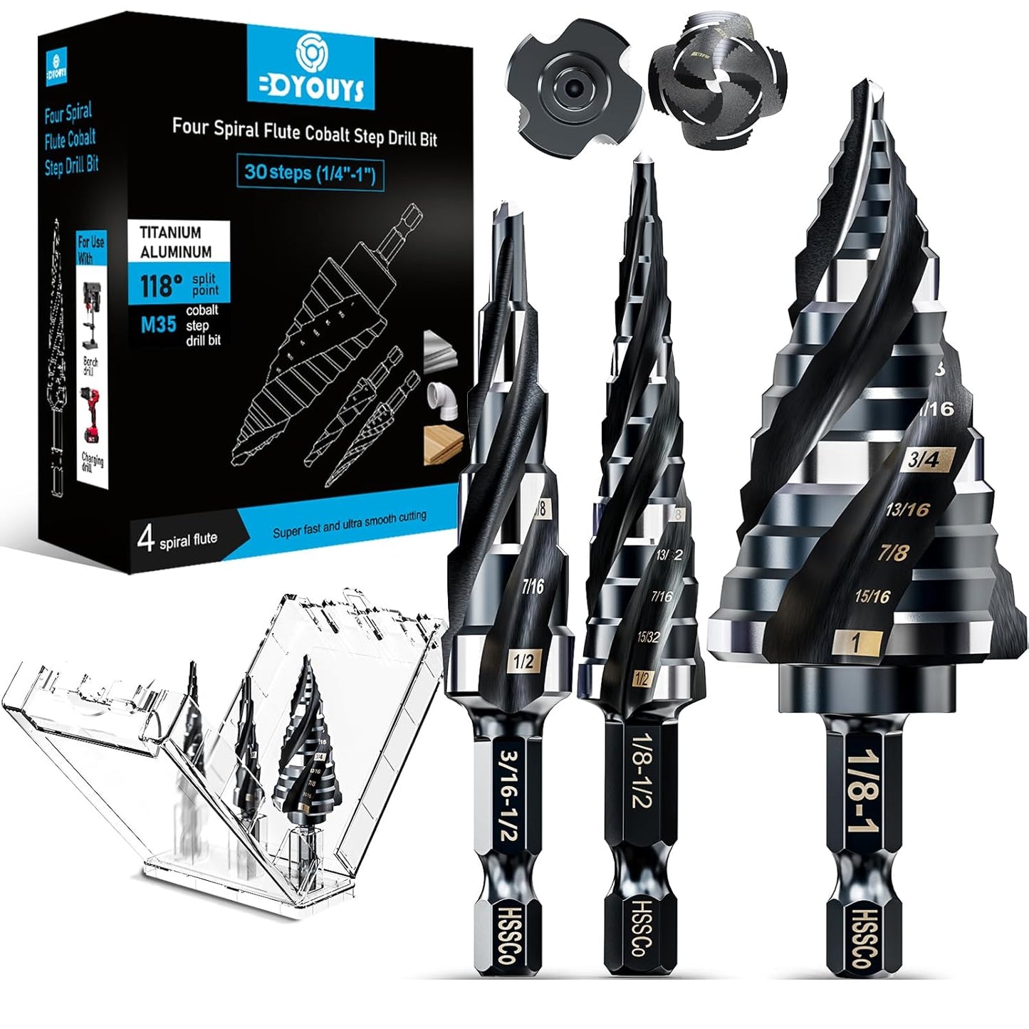 BOYOUYS M35 Step Drill Bit Set 1/4"-1" with 1/4" Shank - 3 pcs, 30 Sizes - Impact Resistant Cobalt - for Metal, Stainless Steel, Wood, Aluminum, Plastic