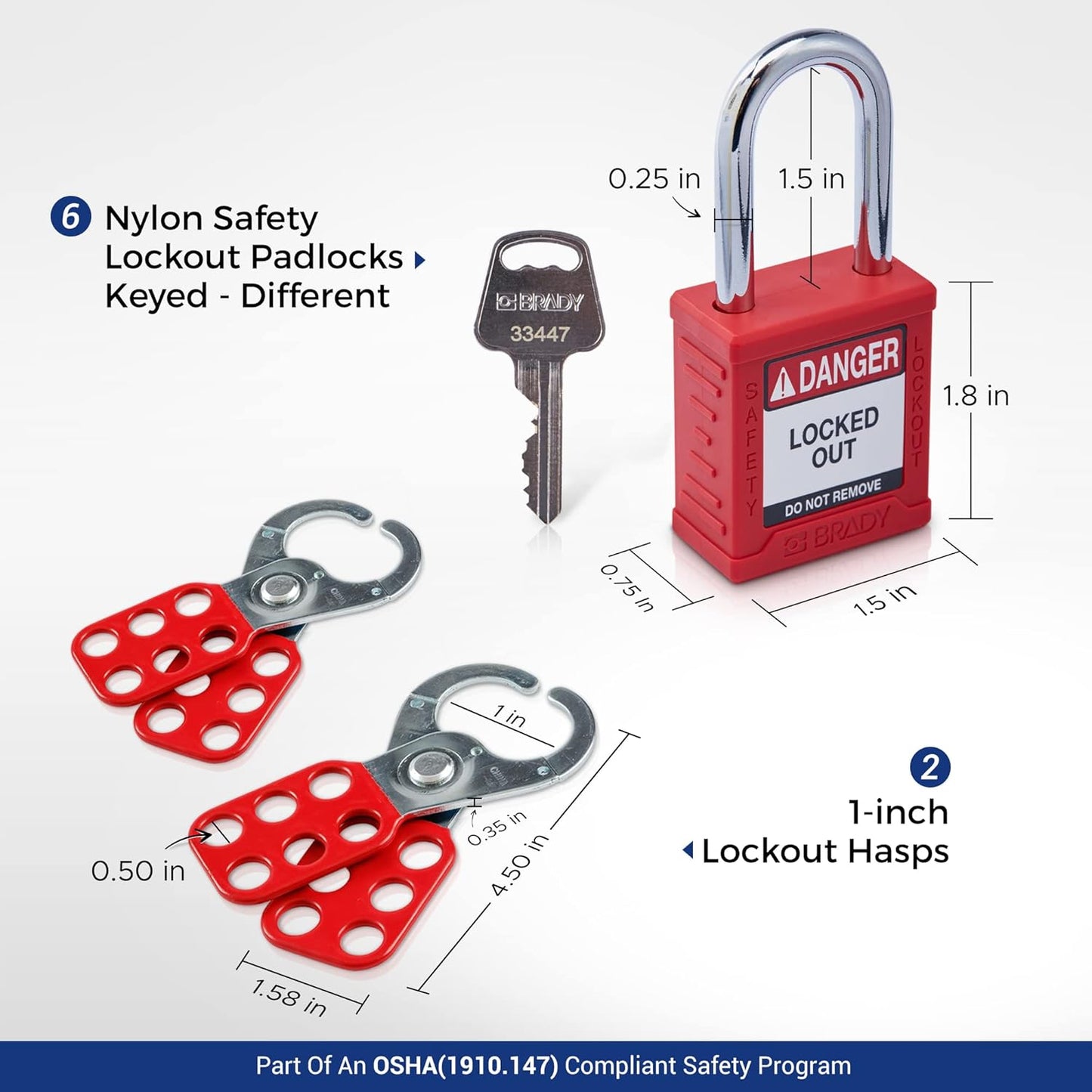 BRADY Lockout Tagout Station with 6 Keyed Different Safety Locks, 2 Hasps, and 10 Do Not Operate Tags - 153681