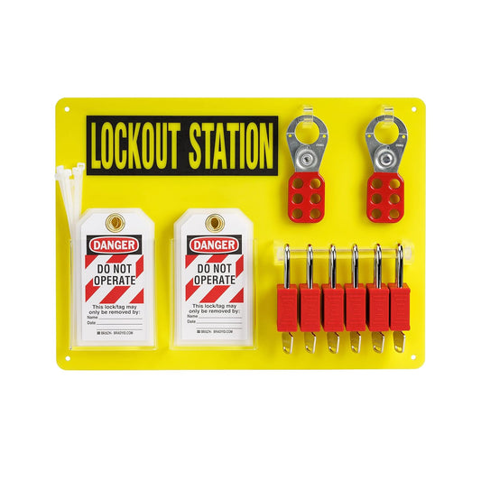 Brady Lockout Tagout Station with Loto Devices and 6 Keyed Alike Safety Lock Set - Yellow, 153680