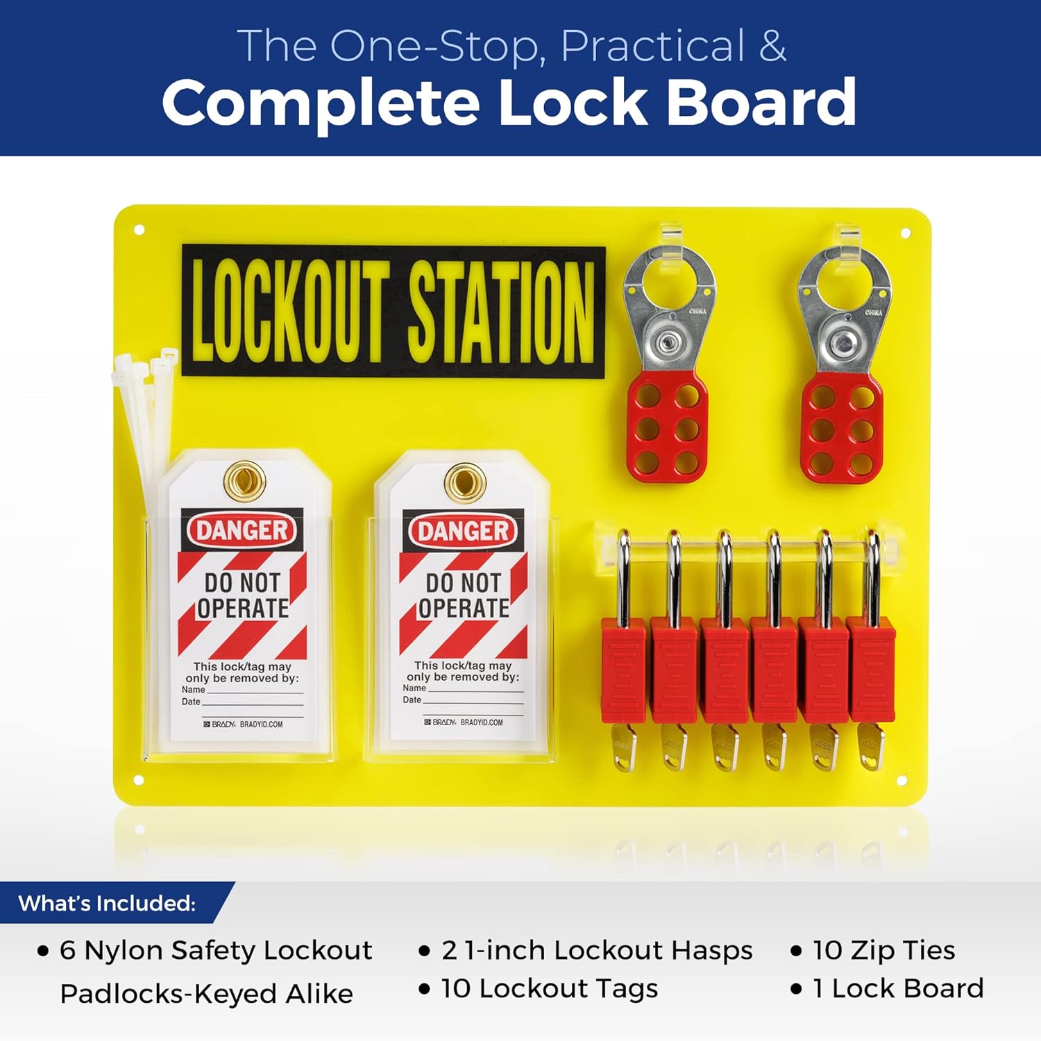 Brady Lockout Tagout Station with Loto Devices and 6 Keyed Alike Safety Lock Set - Yellow, 153680