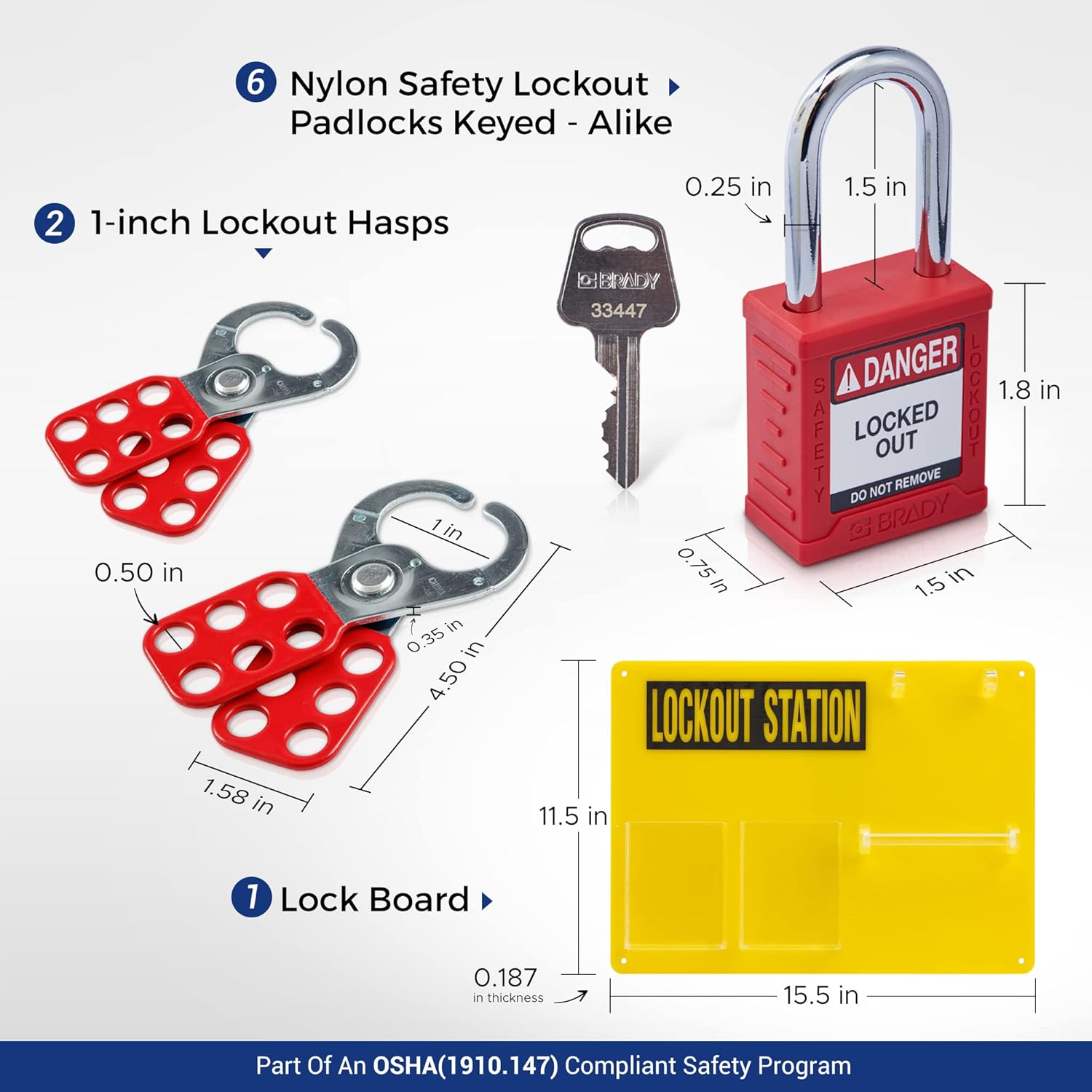Brady Lockout Tagout Station with Loto Devices and 6 Keyed Alike Safety Lock Set - Yellow, 153680