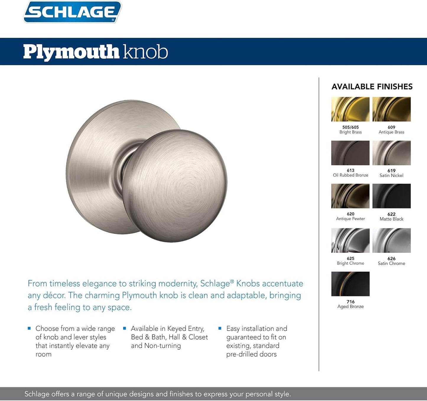Bright Brass Schlage Plymouth Door Knob F10 V PLY 605 for Hall & Closet - Passage Lock