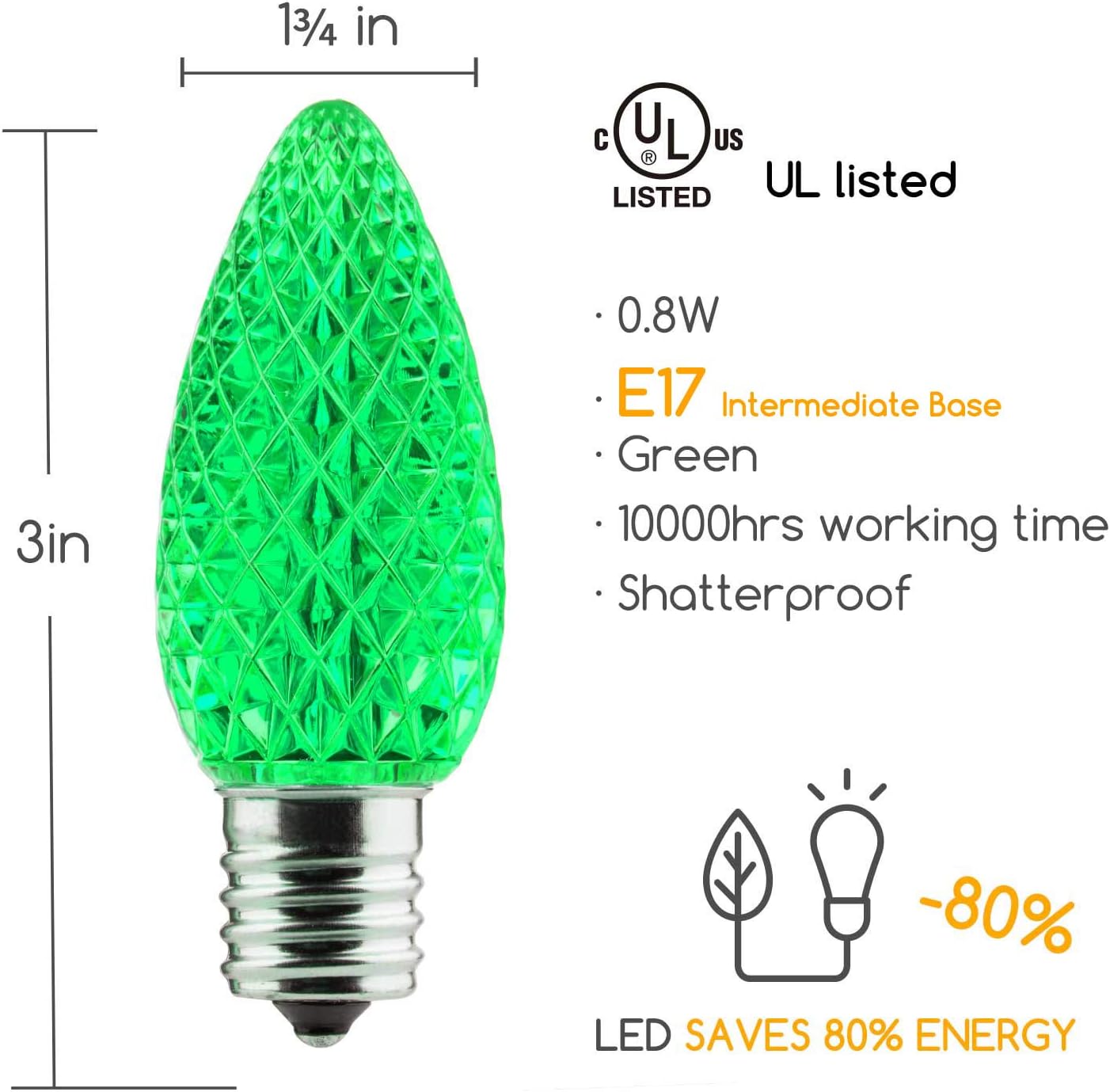 Brightown 25 Pack C9 LED Christmas Light Bulbs - Shatterproof, Dimmable, Green - Commercial Grade for String Lights