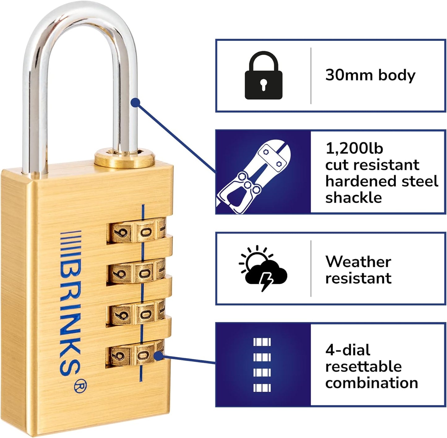 BRINKS Solid Brass Resettable Padlock - 30mm Chrome Plated, Hardened Steel Shackle - WildKart