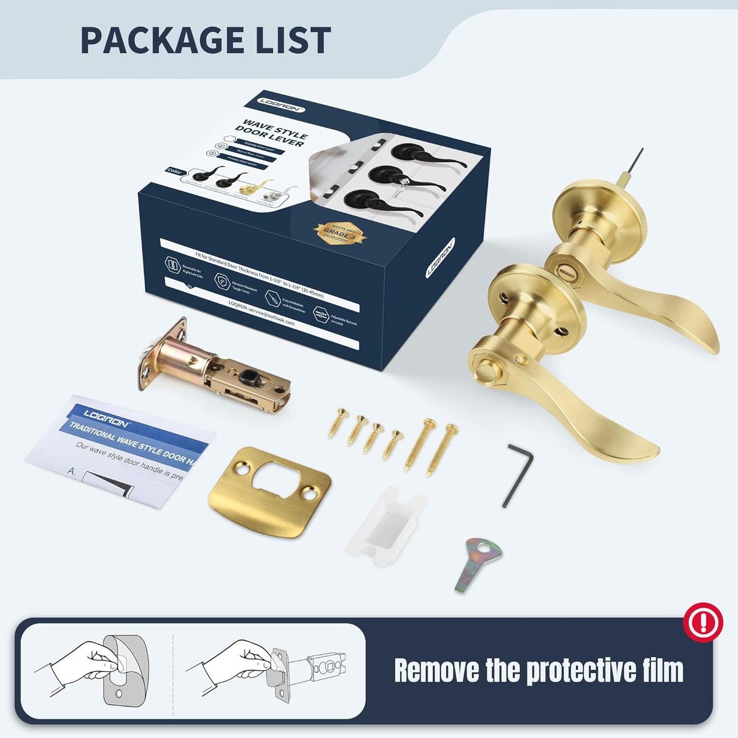 Brushed Gold Privacy Door Handle with Wave Style Lever for Bedroom, Bathroom, Living Room - Keyless Reversible Interior Lever for Left/Right Handed - Satin Brass Finish - 1 Pack