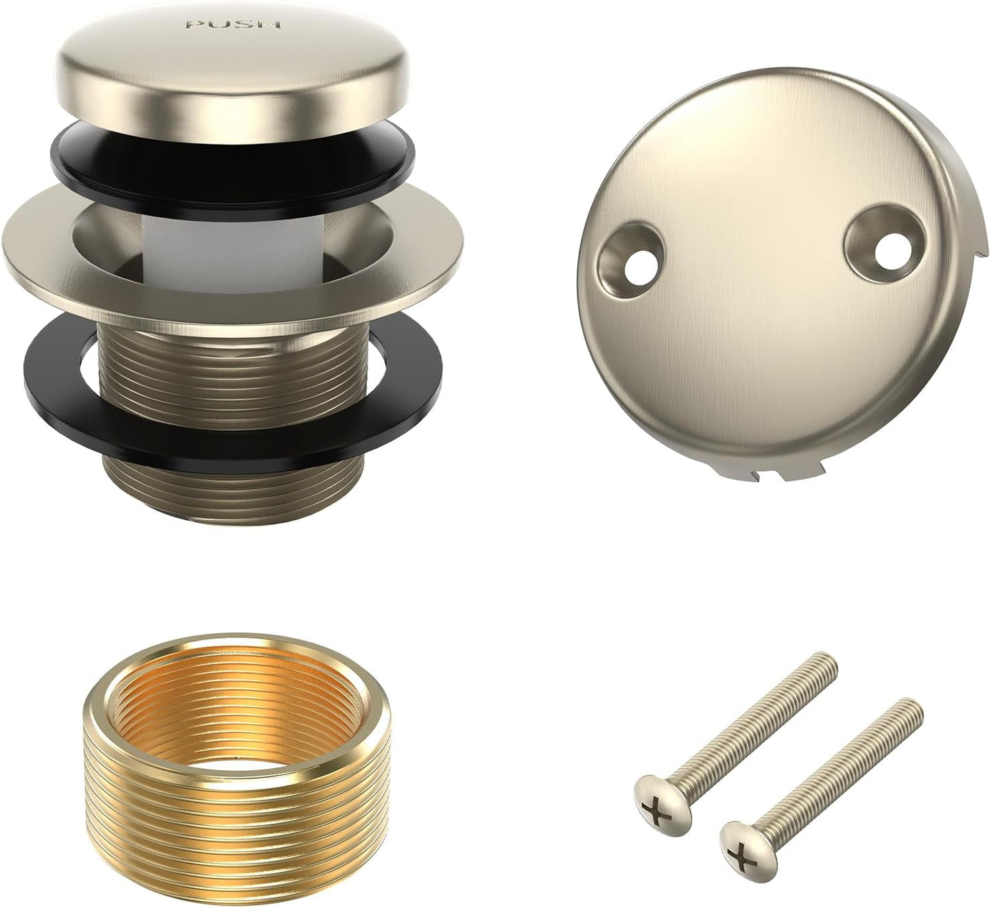 Brushed Nickel All Metal Tip-Toe Bathtub Drain Kit with Two-Hole Overflow Faceplate - Universal Fit for All Bathtubs