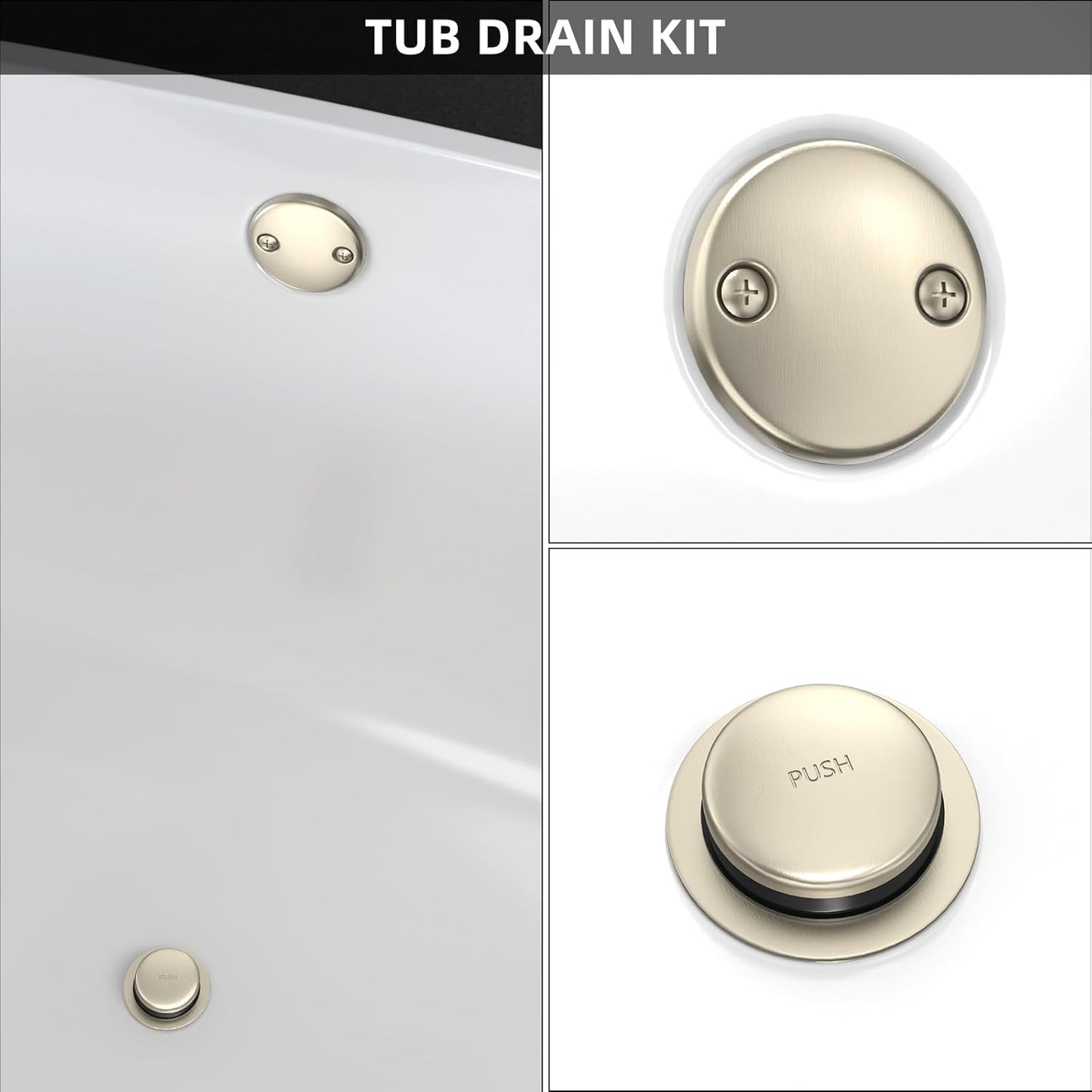 Brushed Nickel All Metal Tip-Toe Bathtub Drain Kit with Two-Hole Overflow Faceplate - Universal Fit for All Bathtubs