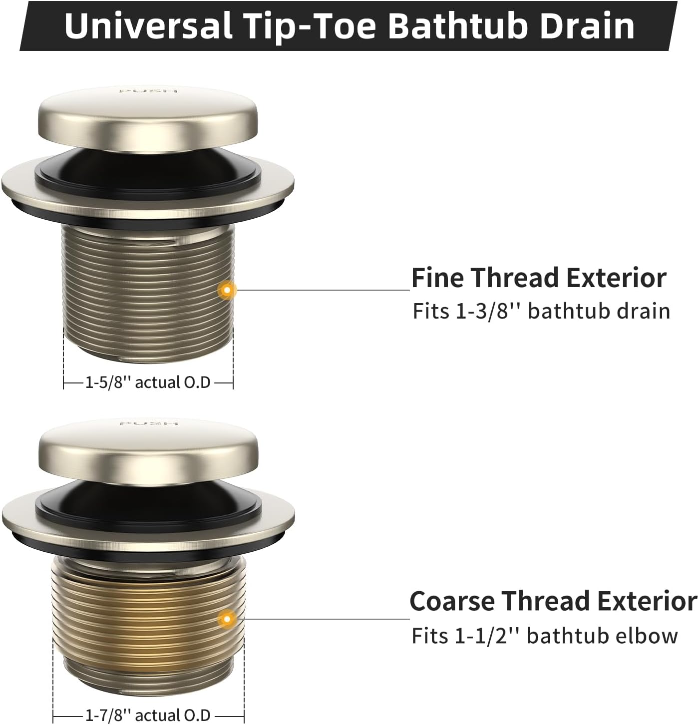 Brushed Nickel All Metal Tip-Toe Bathtub Drain Kit with Two-Hole Overflow Faceplate - Universal Fit for All Bathtubs