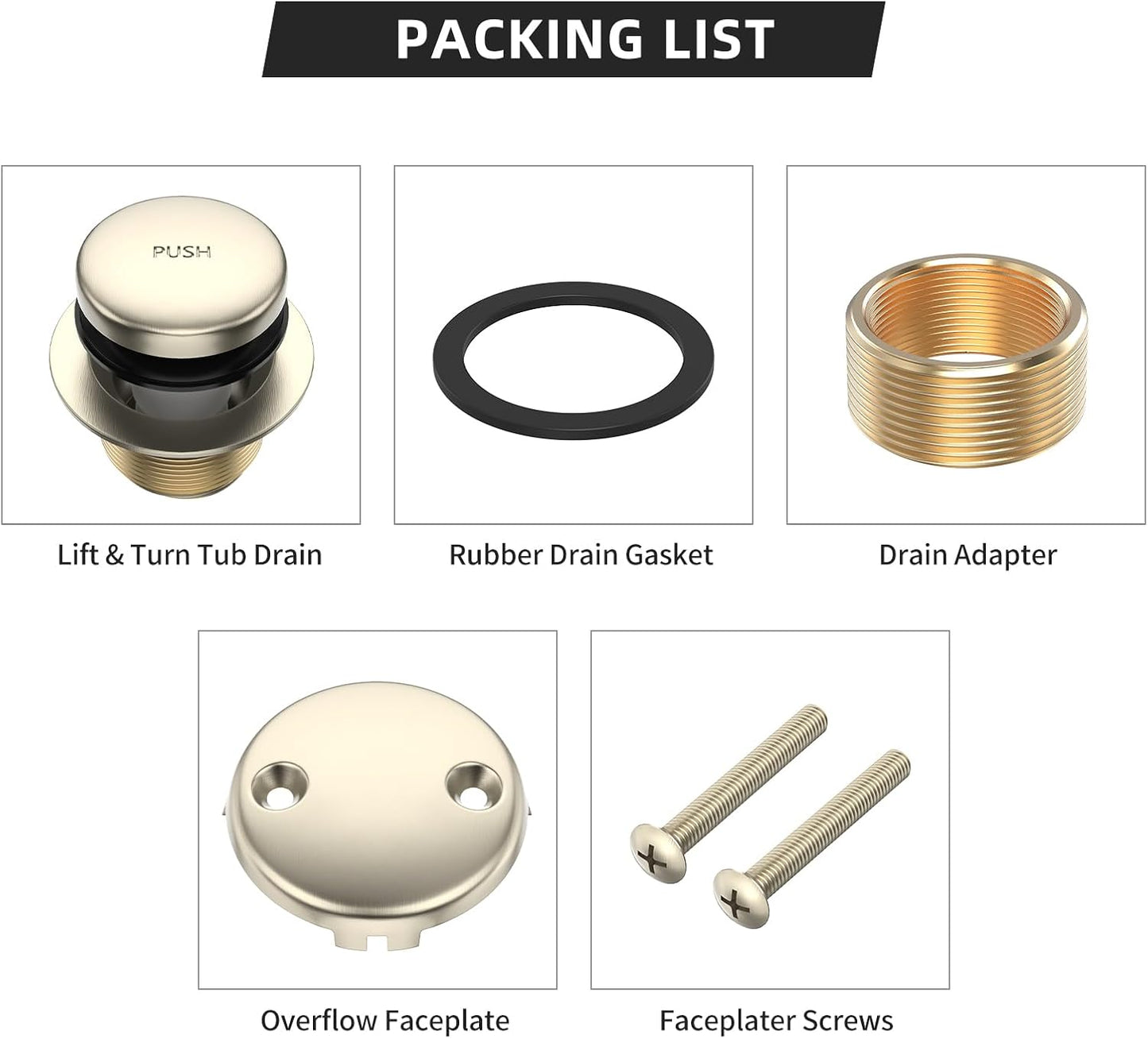 Brushed Nickel All Metal Tip-Toe Bathtub Drain Kit with Two-Hole Overflow Faceplate - Universal Fit for All Bathtubs