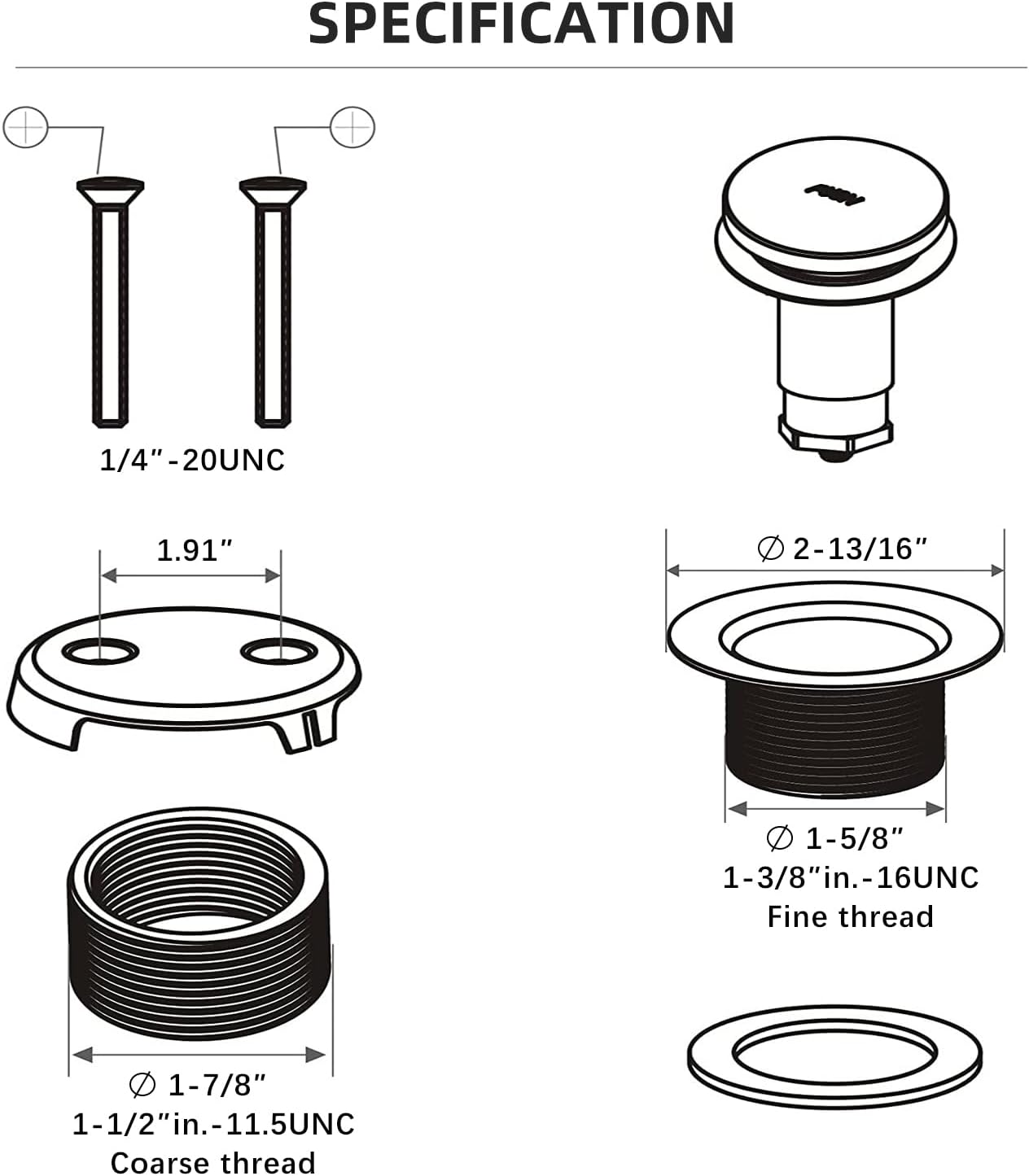 Brushed Nickel All Metal Tip-Toe Bathtub Drain Kit with Two-Hole Overflow Faceplate - Universal Fit for All Bathtubs