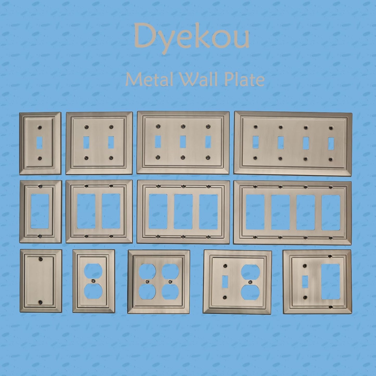 Brushed Nickel Metal Wall Plate Set for Electrical Outlets and Light Switches - 2-Gang Double Toggle Cover Plates, 2 Pack