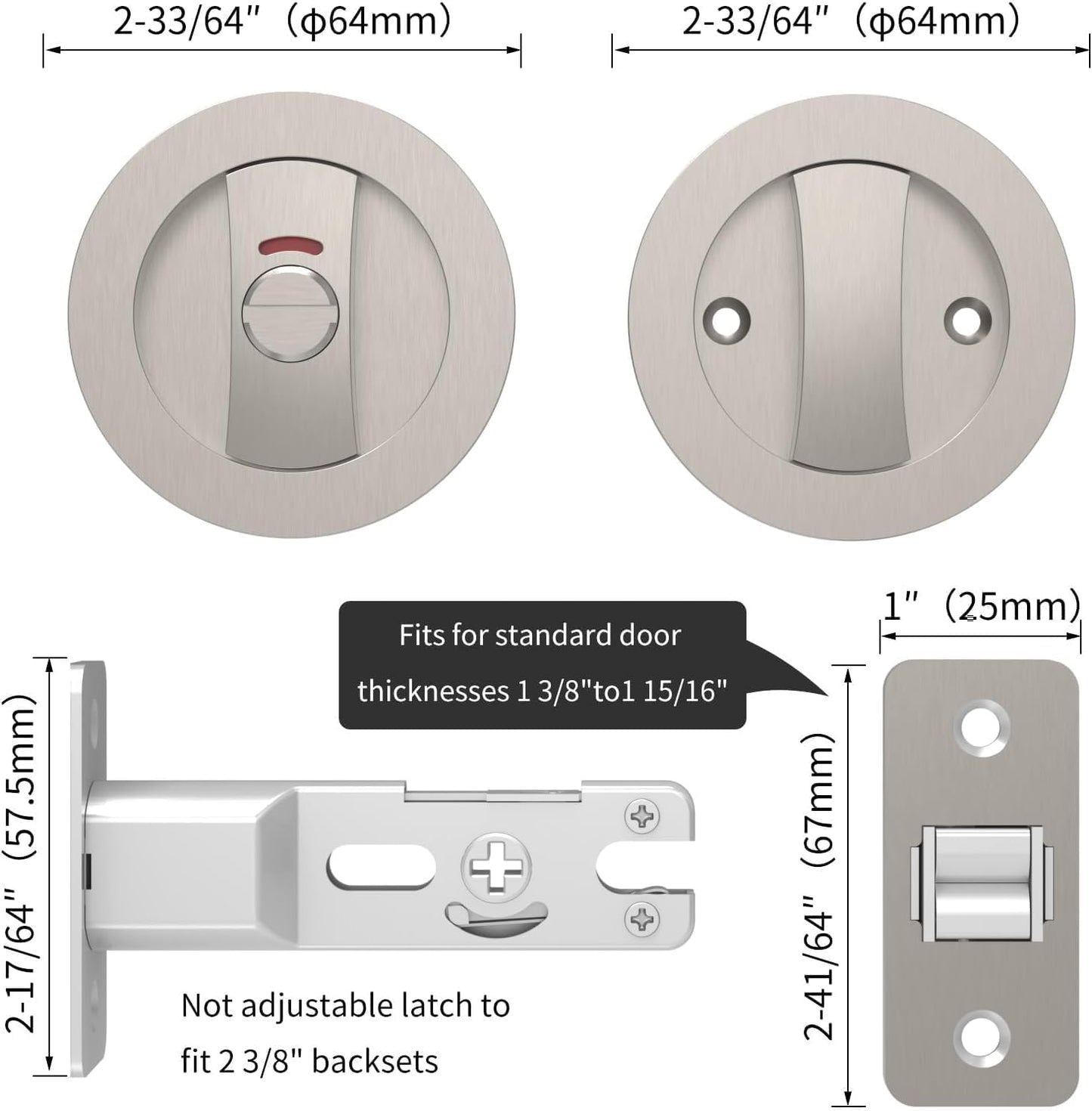 Brushed Nickel Round Privacy Pocket Door Lock with Color Coded Indicators for Bathroom - Heavy Duty Bed/Bath Hardware Replacement - WildKart