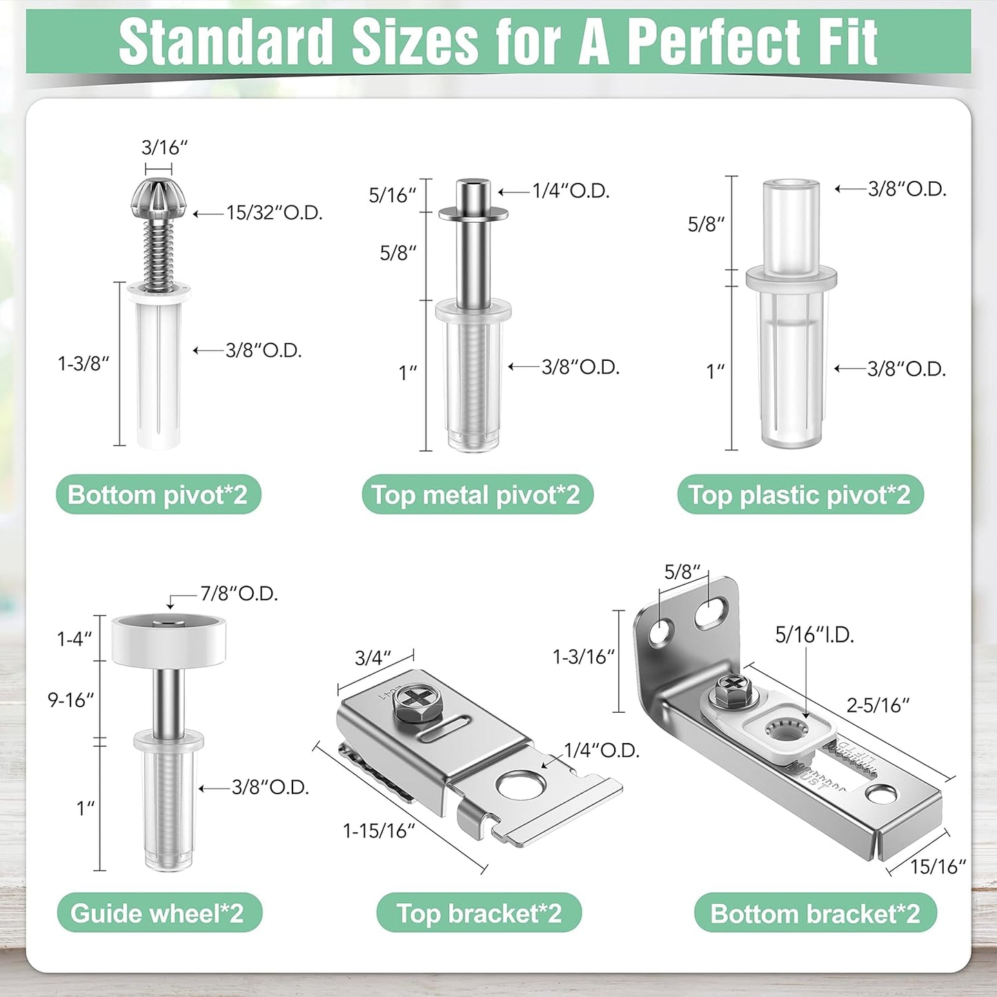 BUDONI Bi-fold Sliding Closet Door Hardware Repair Kit - 2 Pack Set for 7/8" to 1" Track, Includes Top Bottom Pivots Bracket and Guide Wheel - Folding Pocket Door Replacement Parts