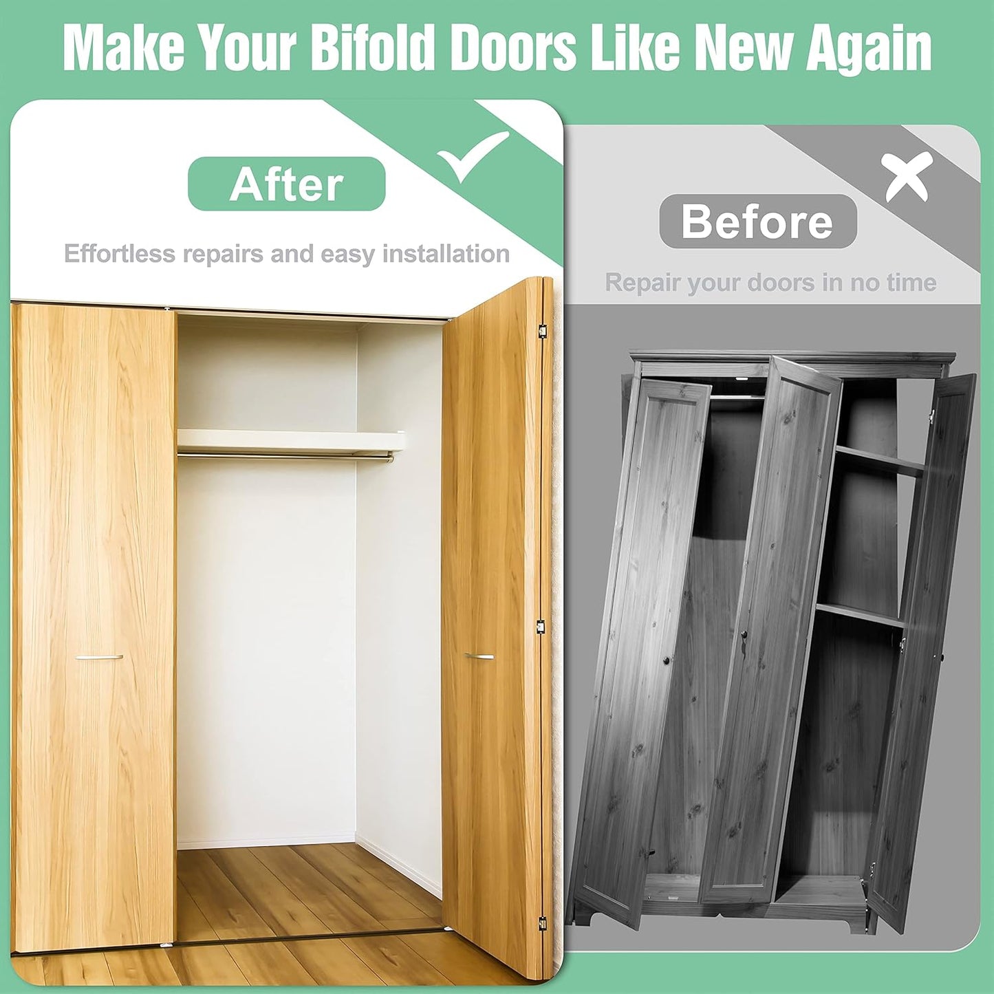 BUDONI Bi-fold Sliding Closet Door Hardware Repair Kit - 2 Pack Set for 7/8" to 1" Track, Includes Top Bottom Pivots Bracket and Guide Wheel - Folding Pocket Door Replacement Parts