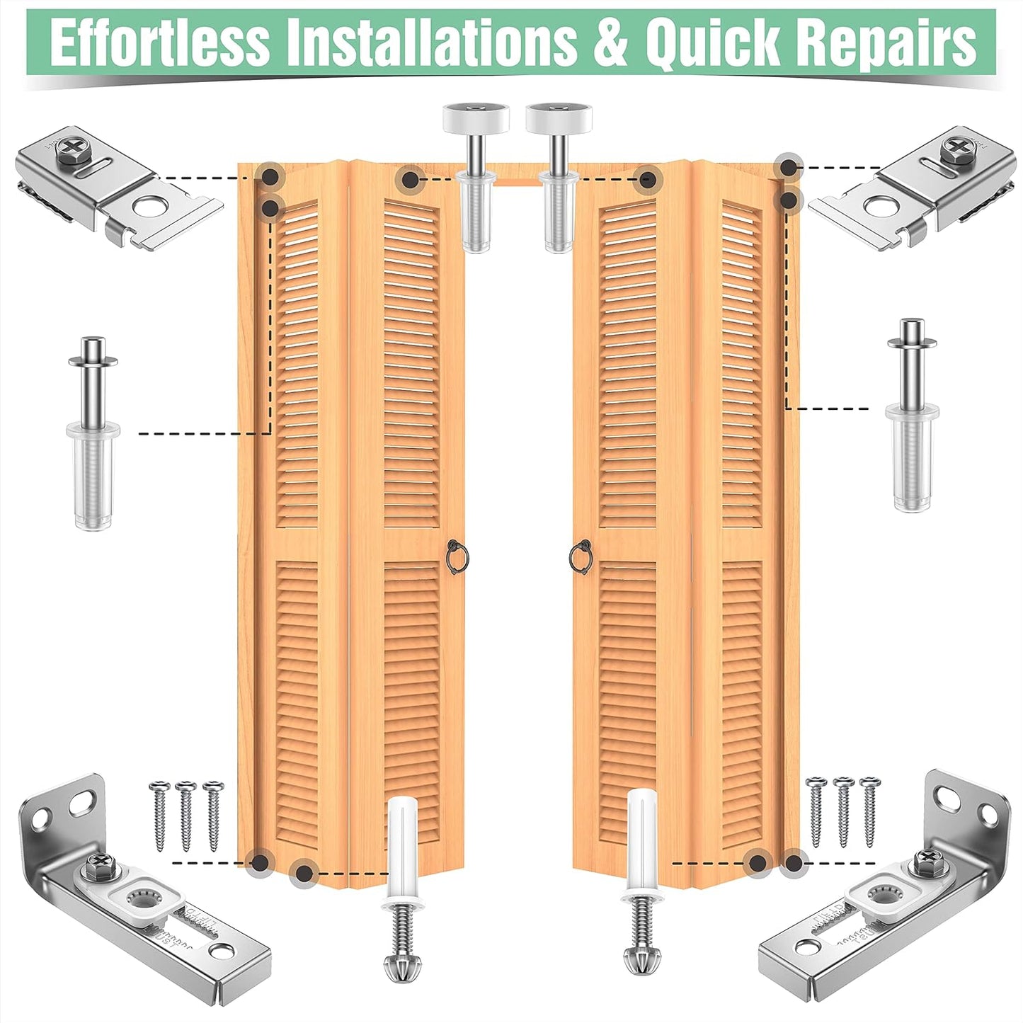 BUDONI Bi-fold Sliding Closet Door Hardware Repair Kit - 2 Pack Set for 7/8" to 1" Track, Includes Top Bottom Pivots Bracket and Guide Wheel - Folding Pocket Door Replacement Parts