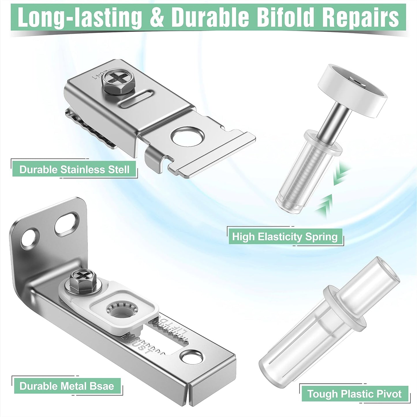 BUDONI Bi-fold Sliding Closet Door Hardware Repair Kit - 2 Pack Set for 7/8" to 1" Track, Includes Top Bottom Pivots Bracket and Guide Wheel - Folding Pocket Door Replacement Parts