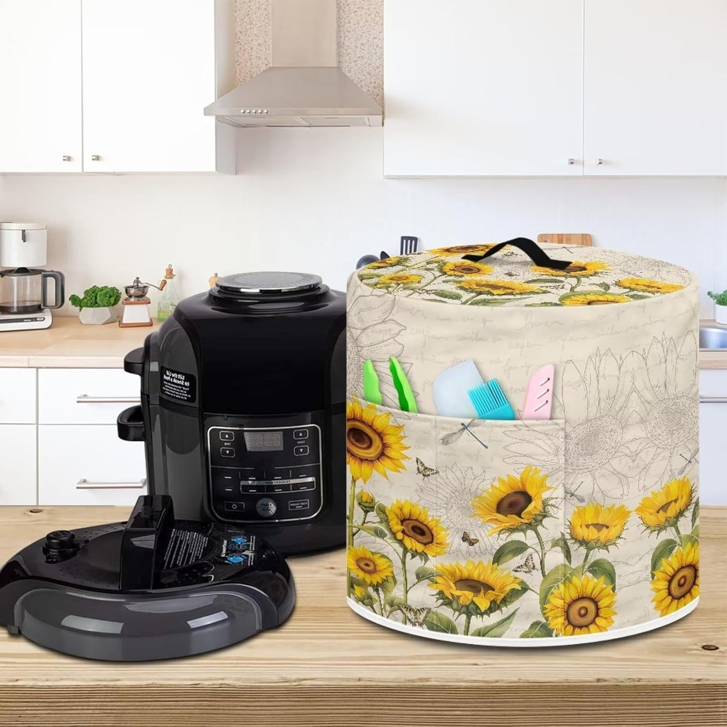 Butterfly Dragonfly Sunflower Print Kitchen Appliance Dust Cover with Pockets - Compatible with Electric Pressure Cookers, Rice Cookers, and Air Fryers - 3 Qt Pot Size