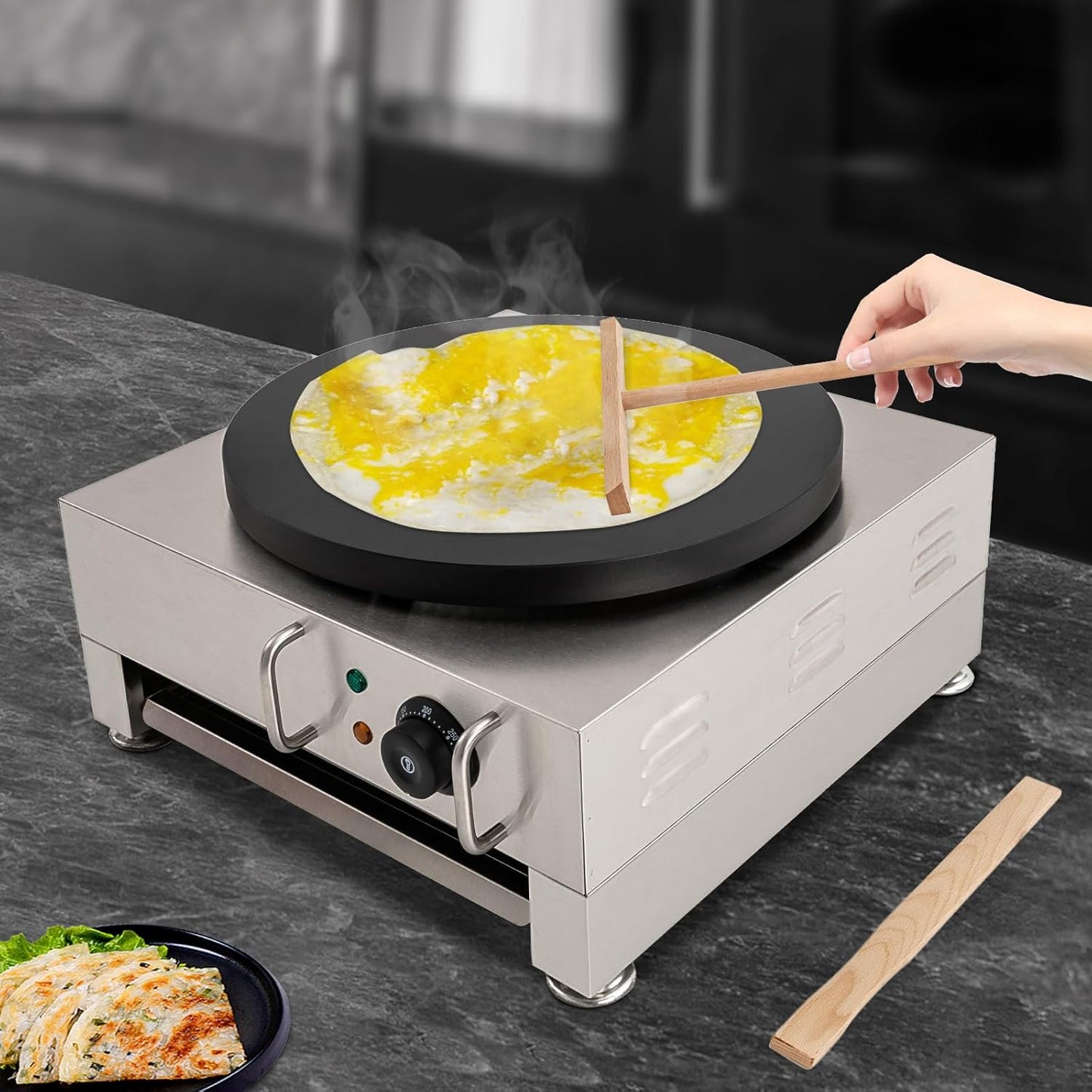 CapBoator 15" Commercial Electric Crepe Maker - Stainless Steel Non-Stick Pancake Machine with 6 Temperature Control Settings - Portable Griddle for Breakfast - Eggs, Bacon, Crepes
