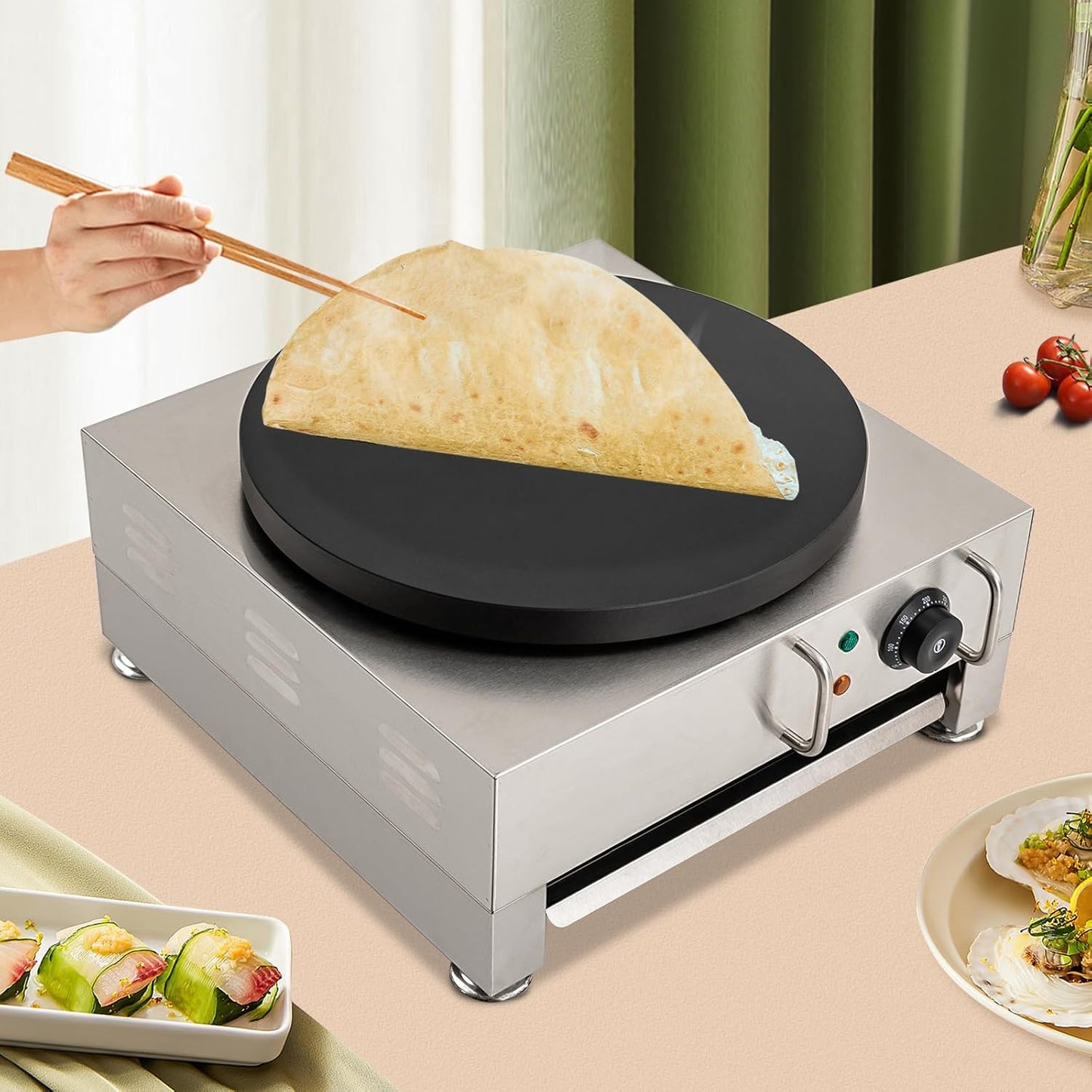 CapBoator 15" Commercial Electric Crepe Maker - Stainless Steel Non-Stick Pancake Machine with 6 Temperature Control Settings - Portable Griddle for Breakfast - Eggs, Bacon, Crepes
