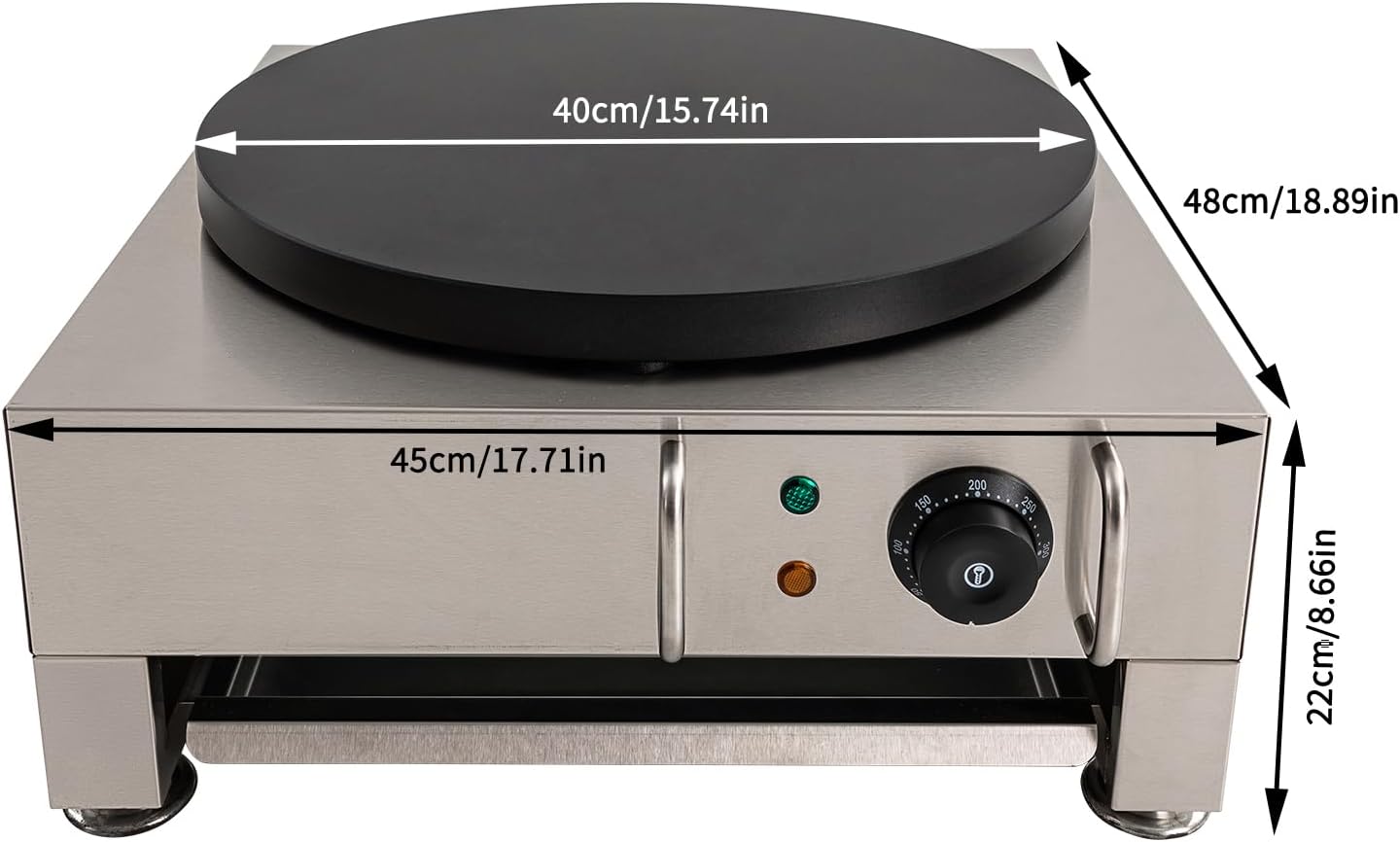 CapBoator 15" Commercial Electric Crepe Maker - Stainless Steel Non-Stick Pancake Machine with 6 Temperature Control Settings - Portable Griddle for Breakfast - Eggs, Bacon, Crepes