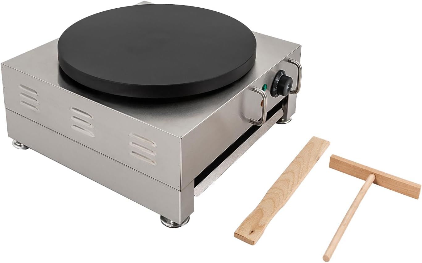 CapBoator 15" Commercial Electric Crepe Maker - Stainless Steel Non-Stick Pancake Machine with 6 Temperature Control Settings - Portable Griddle for Breakfast - Eggs, Bacon, Crepes