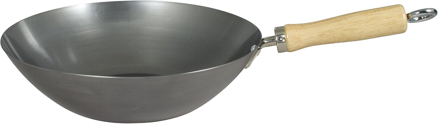 Carbon Steel Wok with Wood Handle 27cm/10.5-inch by Dexam - Silver Wok with Lacquer Finish