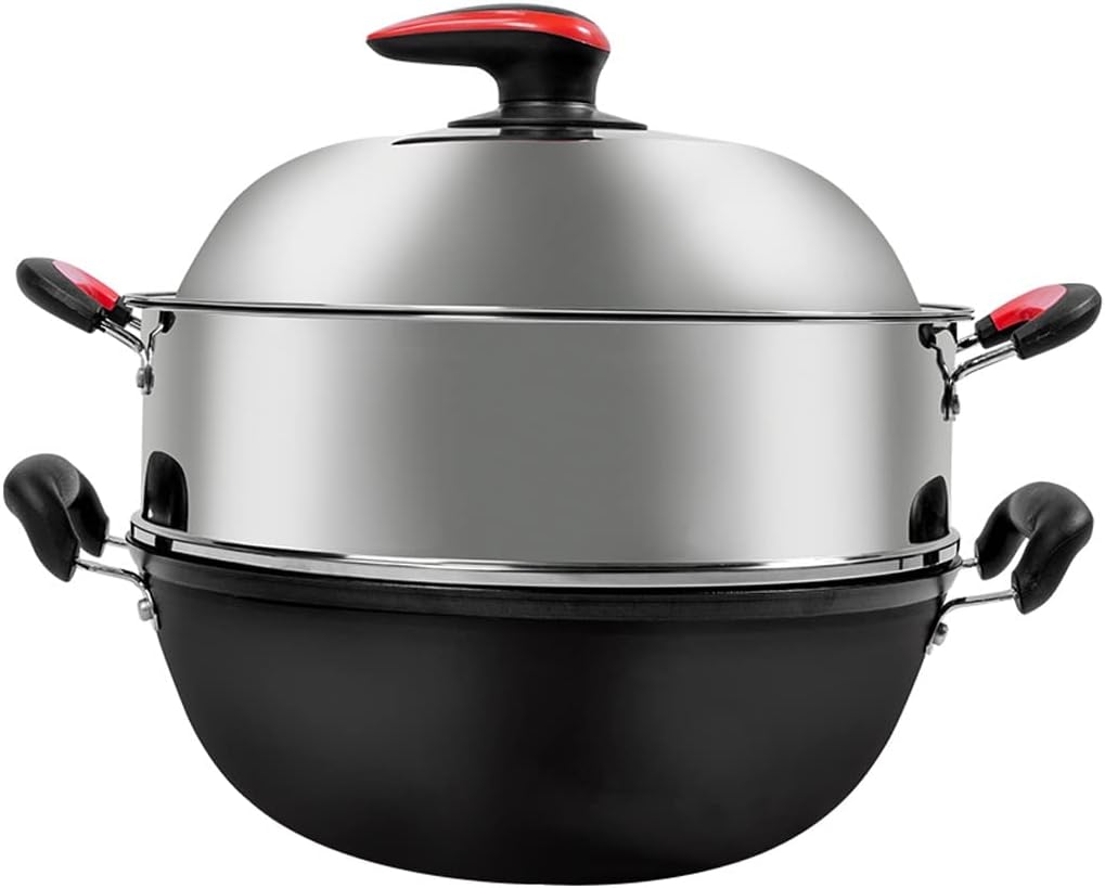 Cast Iron Non-Stick Double-Eared Frying Pan with Large Steamer Stew Pot - 38cm - Color A