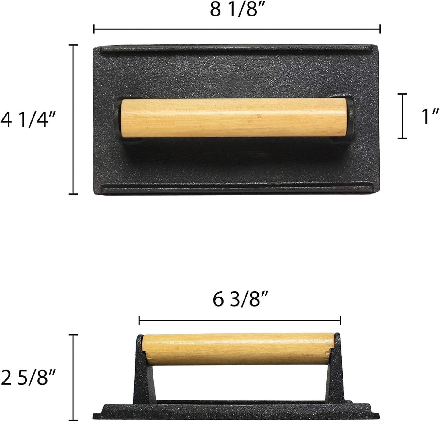 Cast Iron Steak Weight with Wooden Handle - Grill Press for Bacon, Burgers, Sandwiches - 4 1/8" x 8 1/4" Meat Press for Griddles