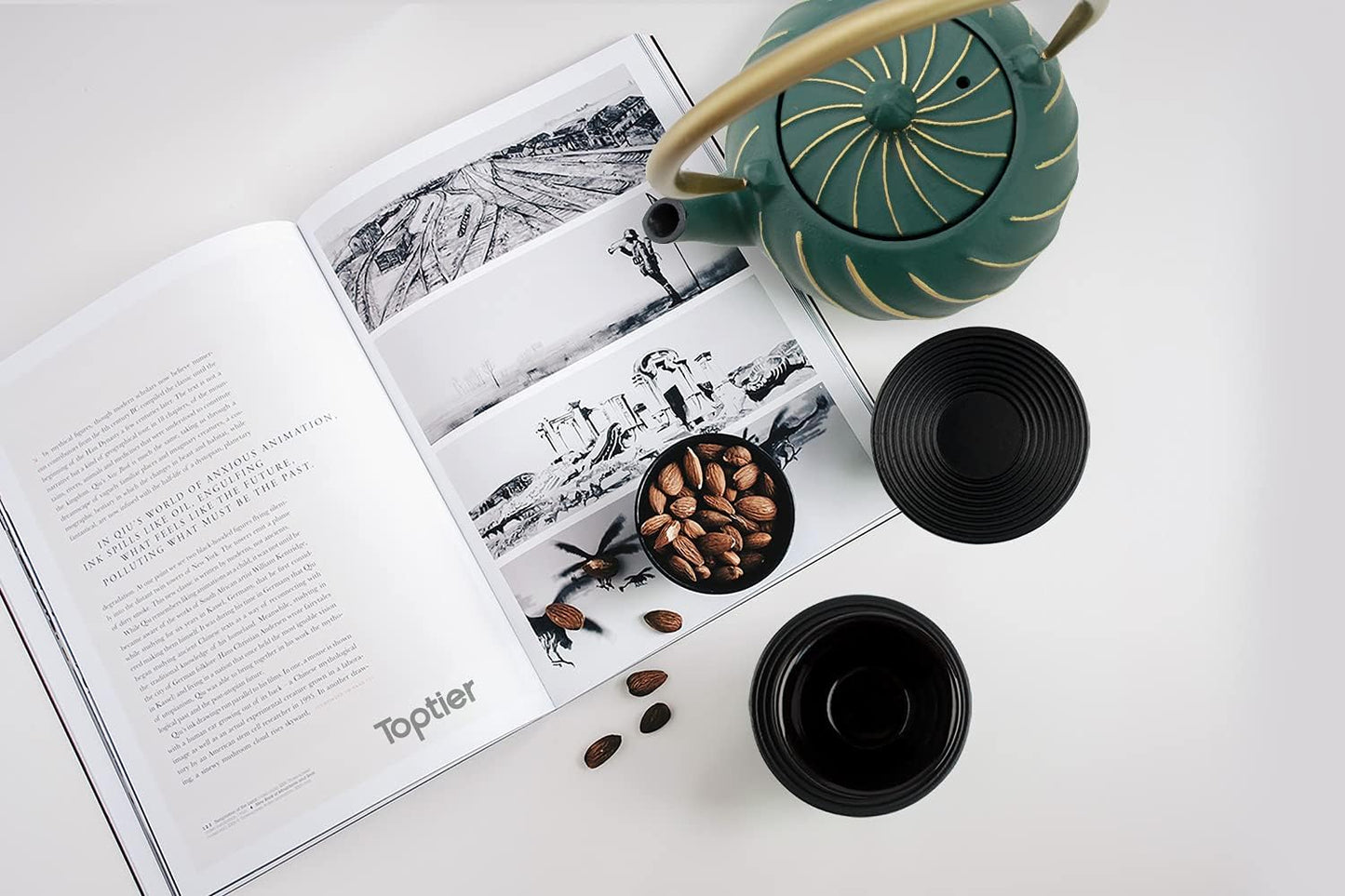 Cast Iron Tea Kettle with Infuser, Stovetop Safe Wave Design Teapot - 30 oz (900 ml), Green Enameled Interior