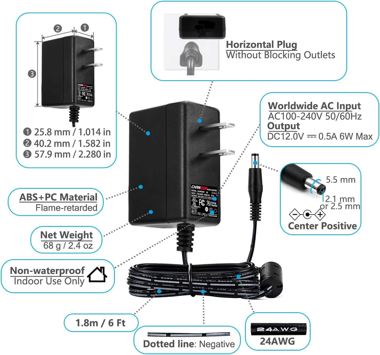 Chanzon 12V 0.5A Power Supply Adapter - AC/DC Switching Transformer for Wall Outlet - 12VDC 500mA Output - Universal Input 100-240V