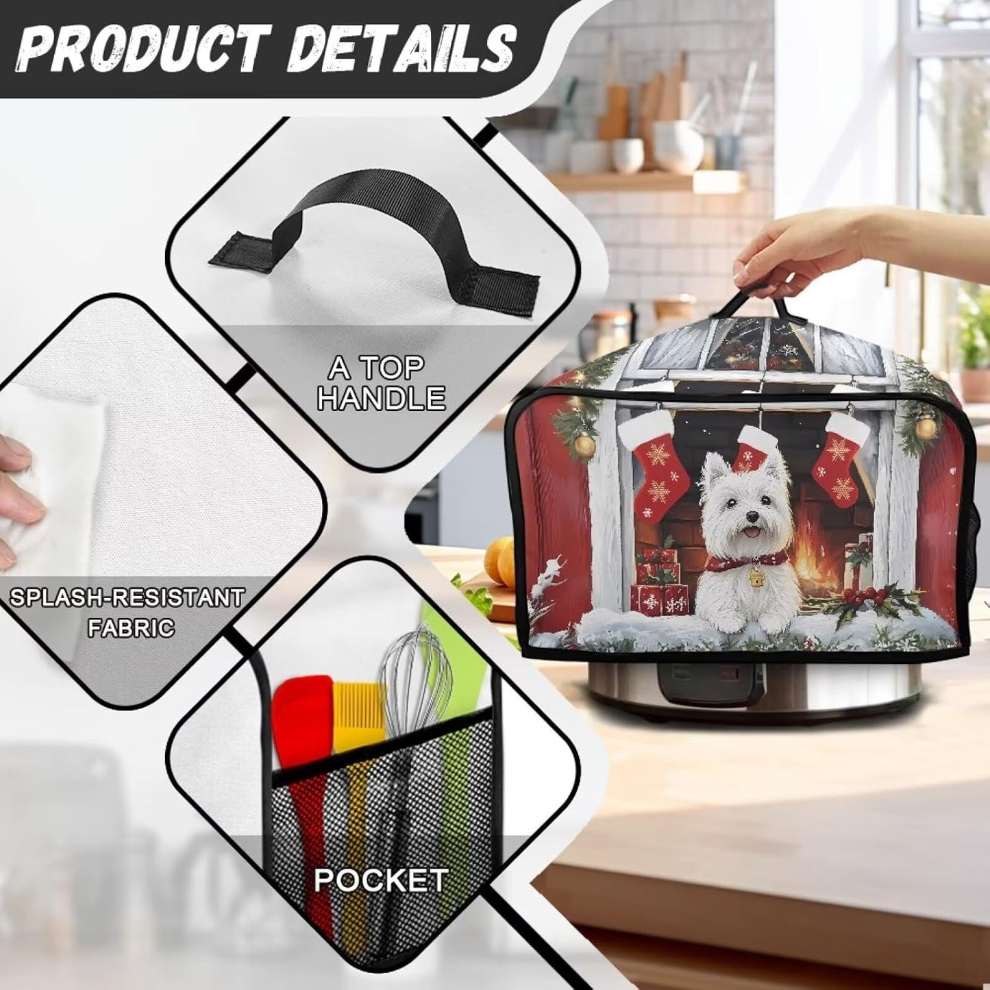 Christmas Decor Oval Slow Cooker Cover for 6-8 Quart Uorisanigo West Highland White Terrier Crock - Universal Kitchen Appliance Dust Cover