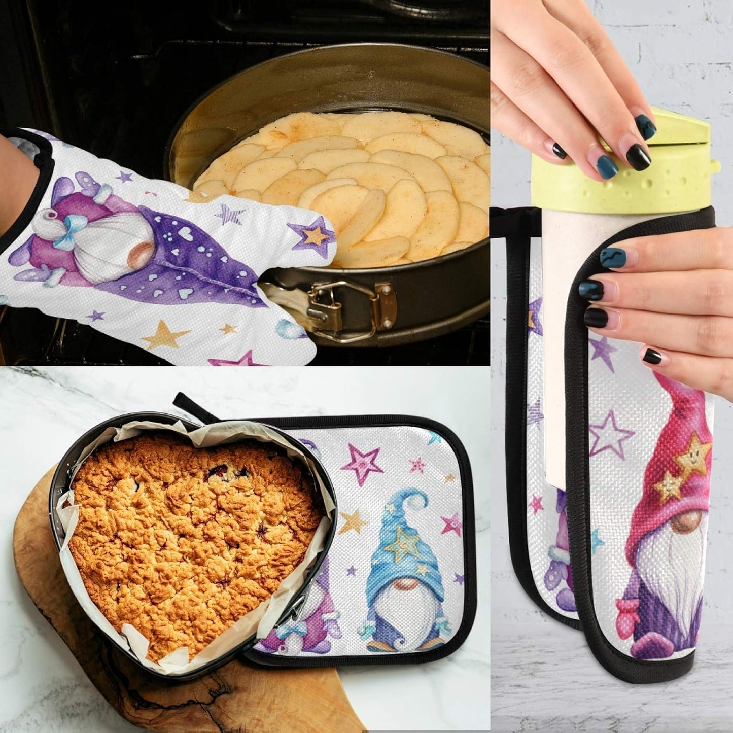Christmas Gnomes Oven Mitts and Pot Holders Set - Heat Resistant Cooking Gloves for Kitchen, Bakeware, and BBQ
