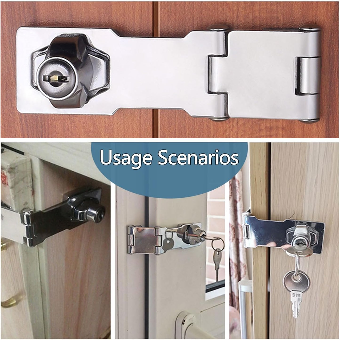 Chrome Finish 90/180 Degree Keyed Hasp Locks for Cabinets and Doors - Set of 2