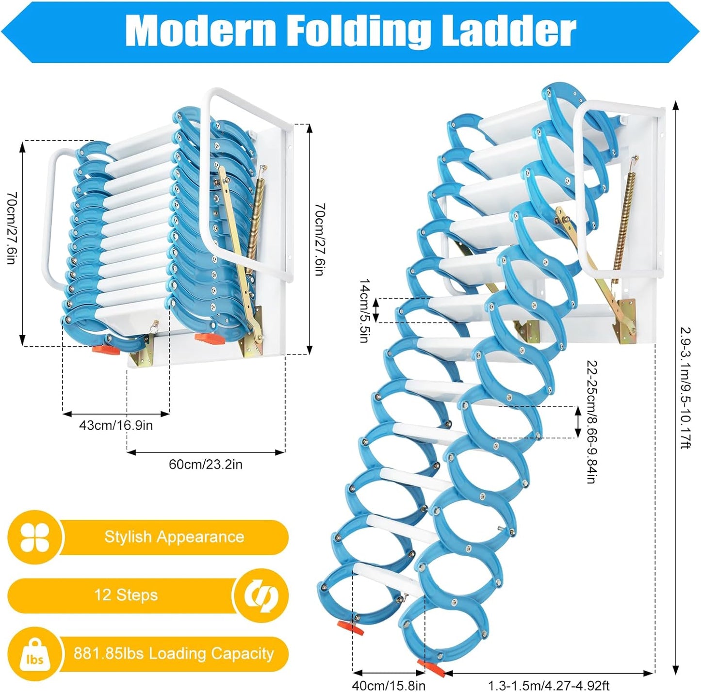 CILDON Heavy-Duty Pull Down Attic Stairs with Armrests, Wall-Mounted Folding Ladder for 1102.3 Lbs, Blue Pedals, Retractable Access Solution