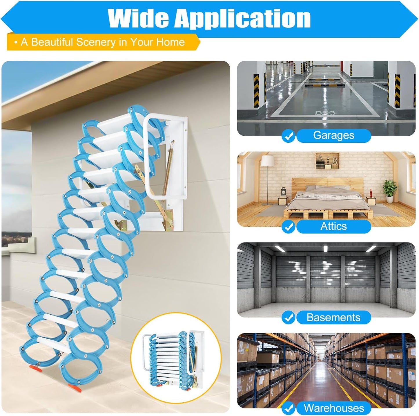 CILDON Heavy-Duty Pull Down Attic Stairs with Armrests, Wall-Mounted Folding Ladder for 1102.3 Lbs, Blue Pedals, Retractable Access Solution