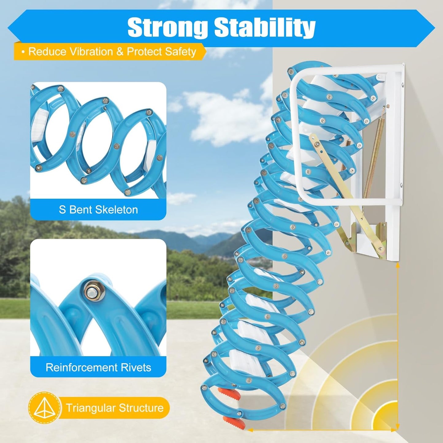 CILDON Heavy-Duty Pull Down Attic Stairs with Armrests, Wall-Mounted Folding Ladder for 1102.3 Lbs, Blue Pedals, Retractable Access Solution