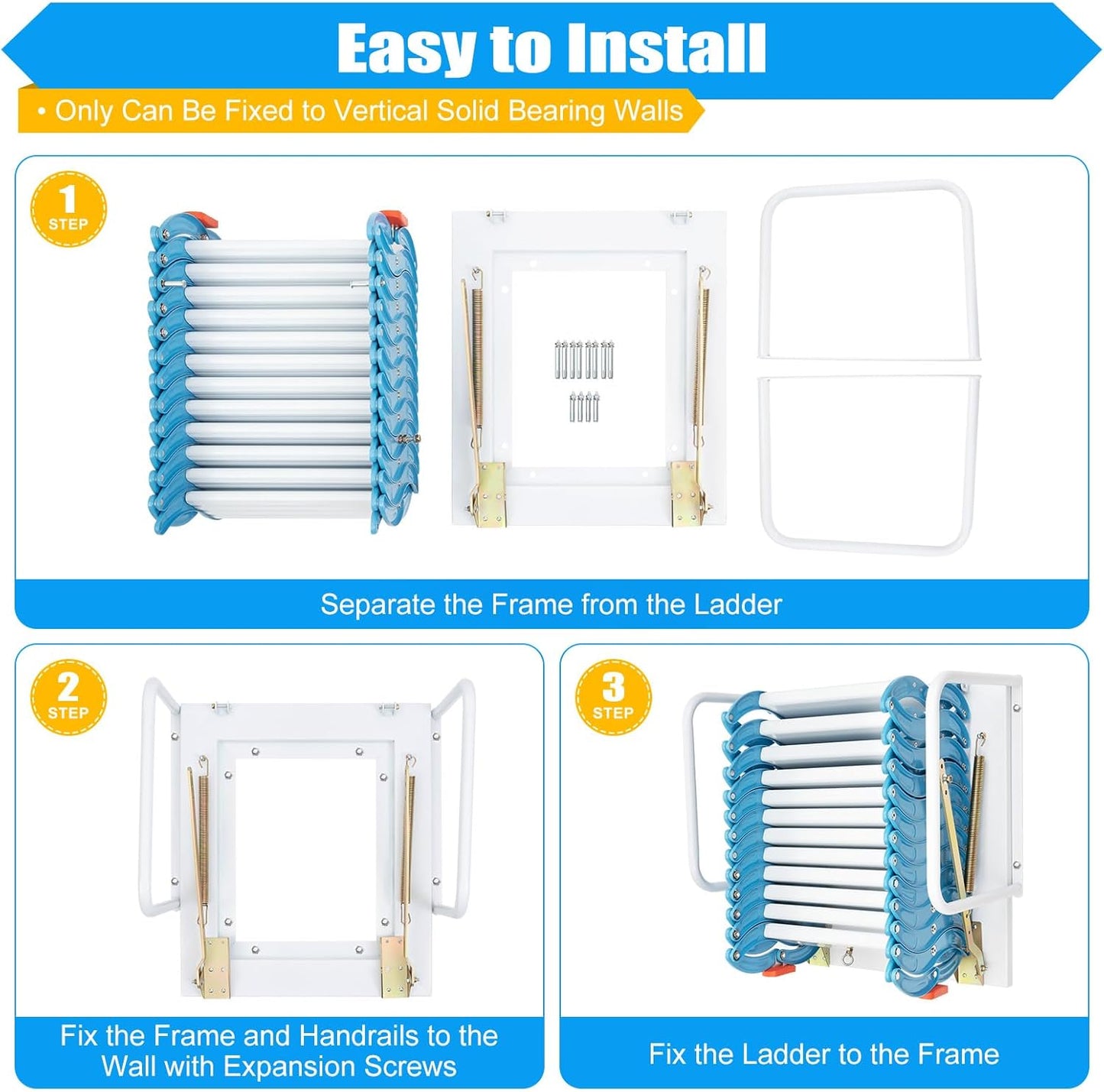 CILDON Heavy-Duty Pull Down Attic Stairs with Armrests, Wall-Mounted Folding Ladder for 1102.3 Lbs, Blue Pedals, Retractable Access Solution